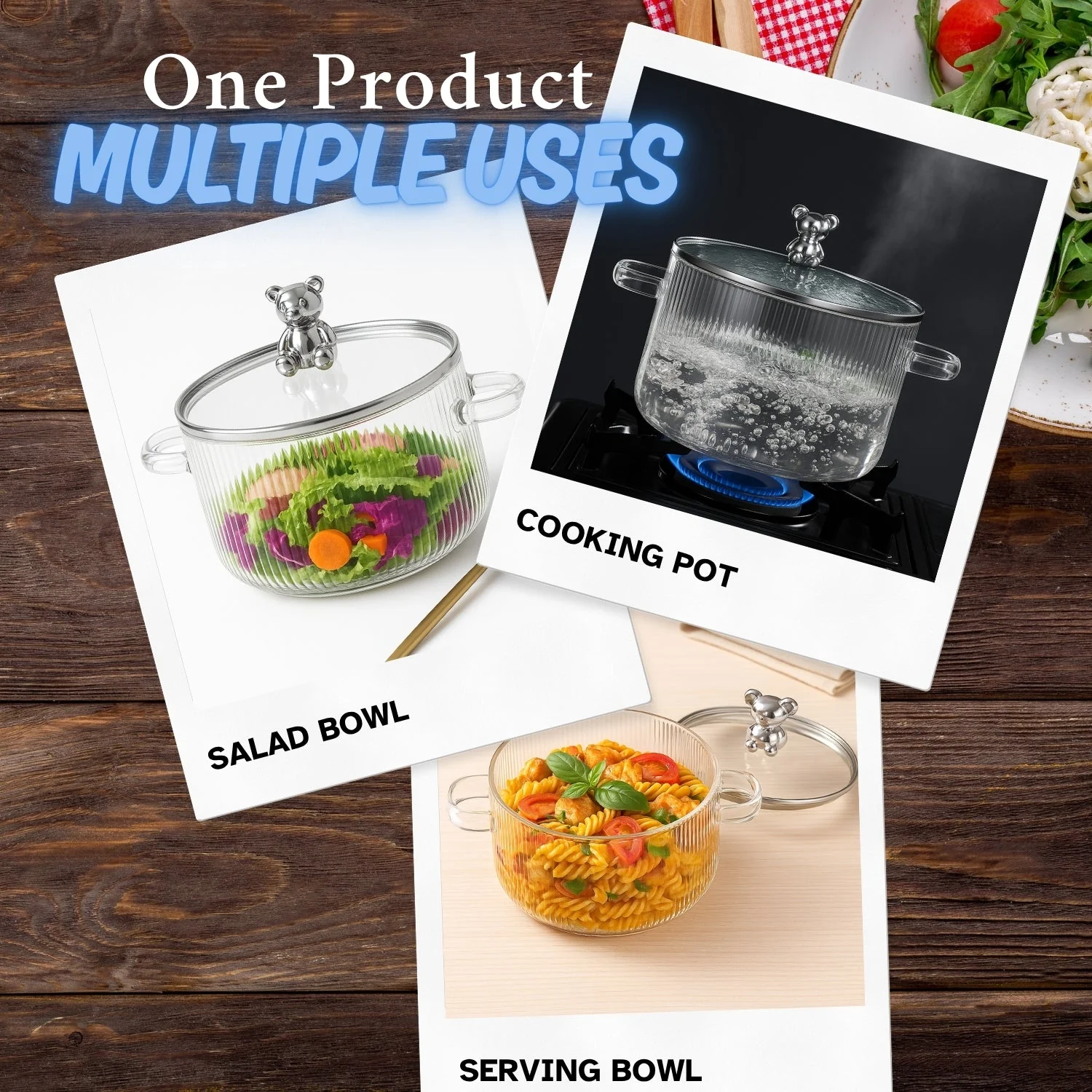 1600ml Multipurpose Borosilicate Glass Pot with Bear Knob Lid | Ideal for Cooking, Serving, Storage & More - Image 3