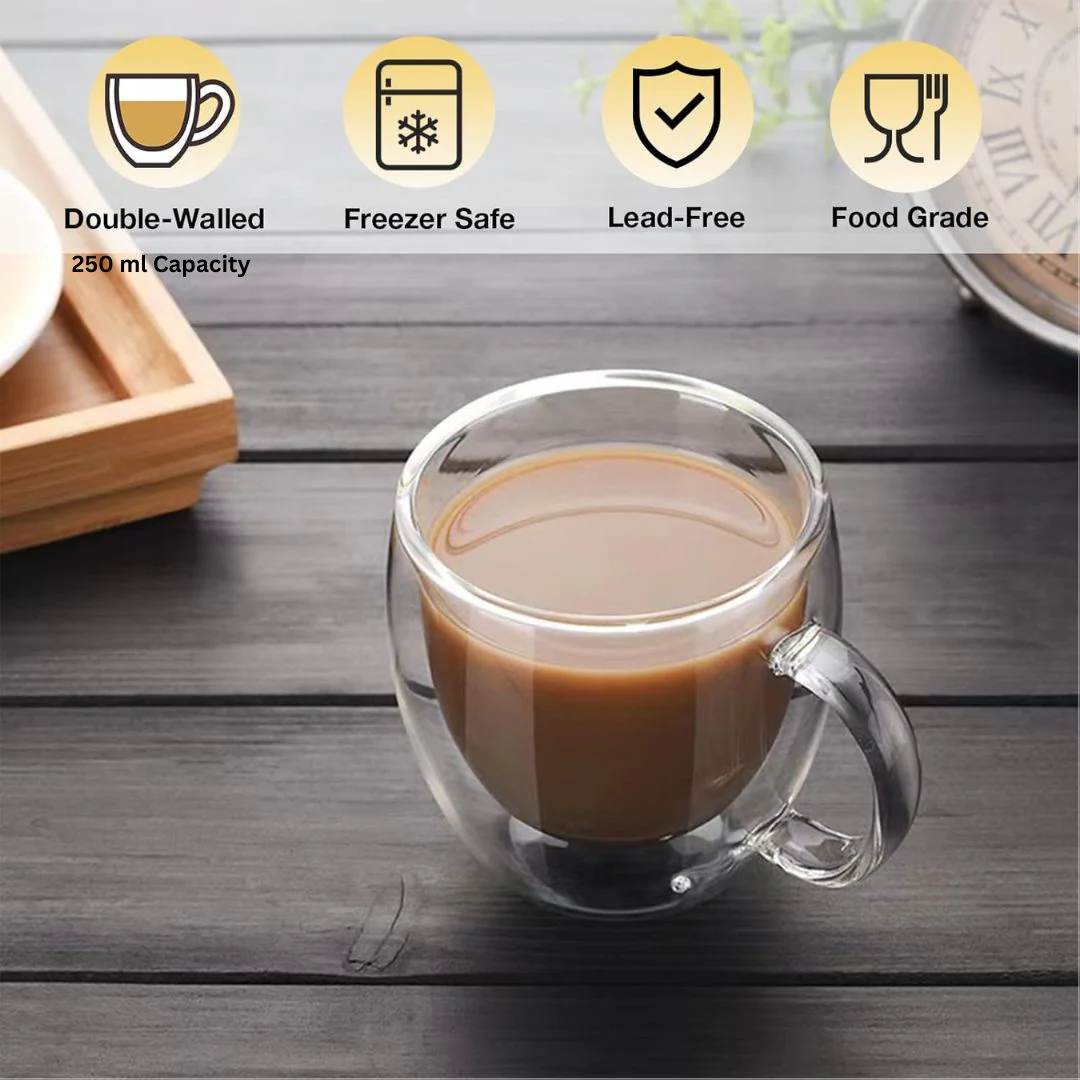 250ml Double-Walled Borosilicate Glass Cups | Transparent Insulated Coffee Mugs for Hot & Cold Beverages (Set of 2) - Image 7