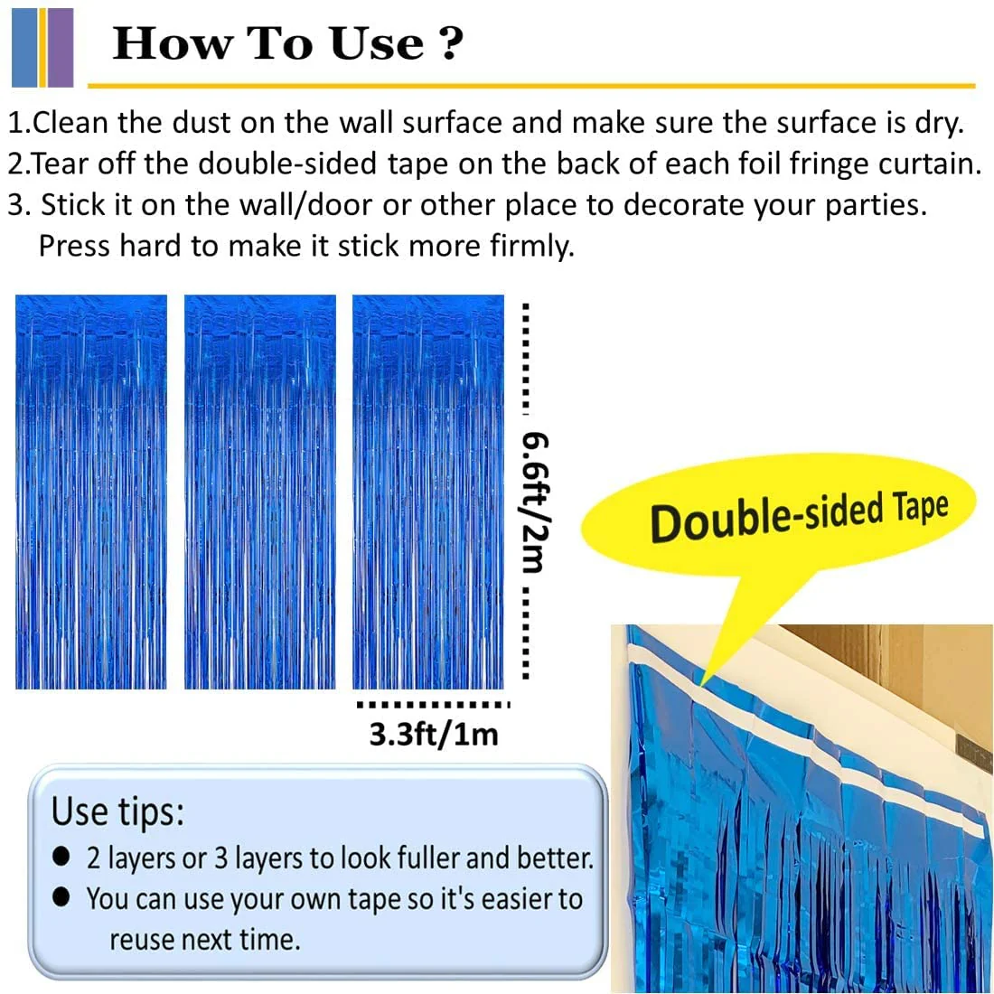 3 Pack Foil Fringe Curtain, Blue Tinsel for Party Decoration - Image 5