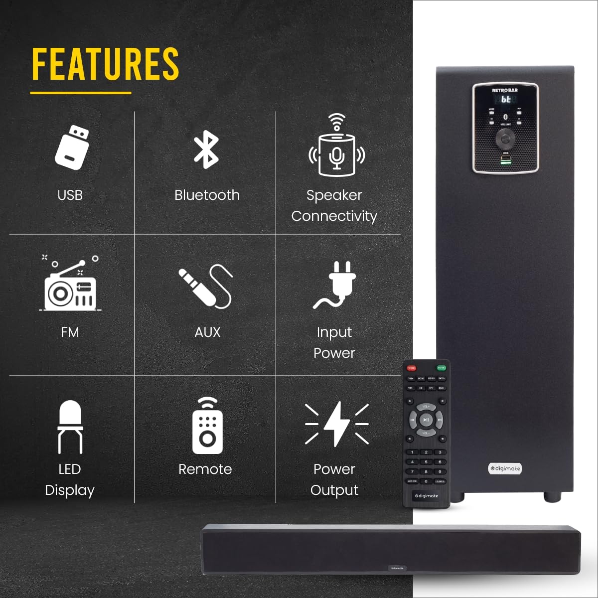 Digimate DG-SB01 100W Bluetooth Soundbar | 2.1 Channel Home Theatre |Deep Bass from 5.25� Subwoofer |BT v5.3, AUX, USB Connectivity | 4 EQ Modes | Sleek Remote & LED Display (Platinum Black) - Image 3