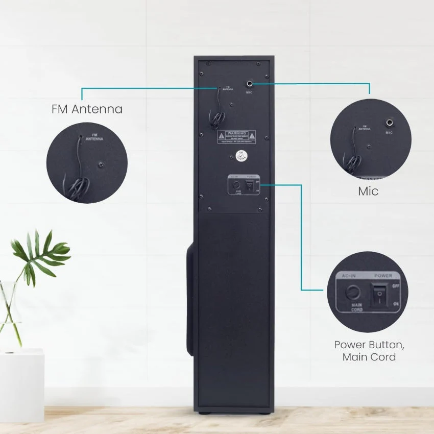 Digimate DG-TS01 60W Bluetooth Tower Speaker Wooden Cabinet, 5.25" Subwoofer, 3.0" Speaker, LED Display+Light, USB, FM, Full Control Remote with BT & Wired Karaoke Mic Support (Black, Stereo Channel) - Image 3