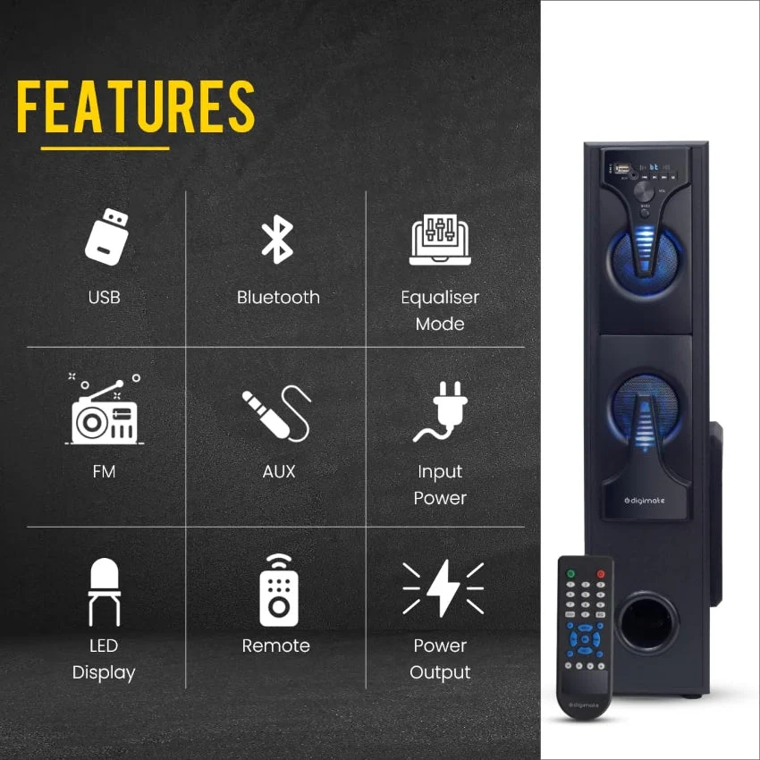 Digimate DG-TS01 60W Bluetooth Tower Speaker Wooden Cabinet, 5.25" Subwoofer, 3.0" Speaker, LED Display+Light, USB, FM, Full Control Remote with BT & Wired Karaoke Mic Support (Black, Stereo Channel) - Image 4