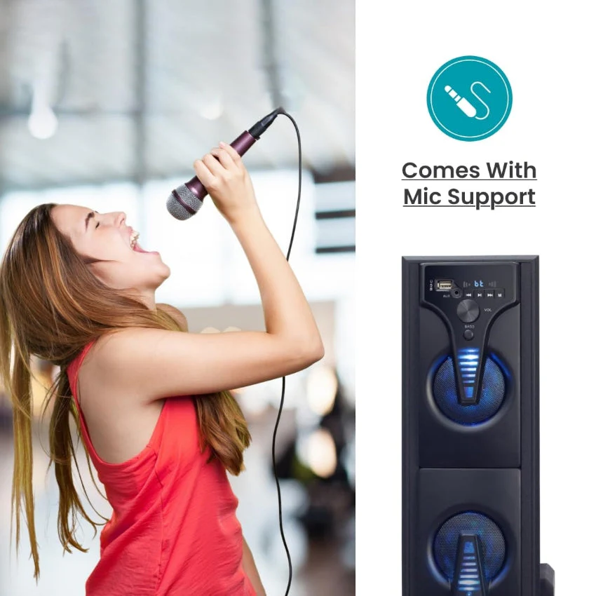 Digimate DG-TS01 60W Bluetooth Tower Speaker Wooden Cabinet, 5.25" Subwoofer, 3.0" Speaker, LED Display+Light, USB, FM, Full Control Remote with BT & Wired Karaoke Mic Support (Black, Stereo Channel) - Image 6