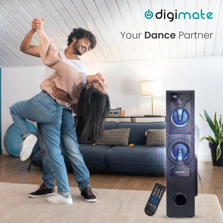 Digimate DG-TS01 60W Bluetooth Tower Speaker Wooden Cabinet, 5.25" Subwoofer, 3.0" Speaker, LED Display+Light, USB, FM, Full Control Remote with BT & Wired Karaoke Mic Support (Black, Stereo Channel) - Image 7