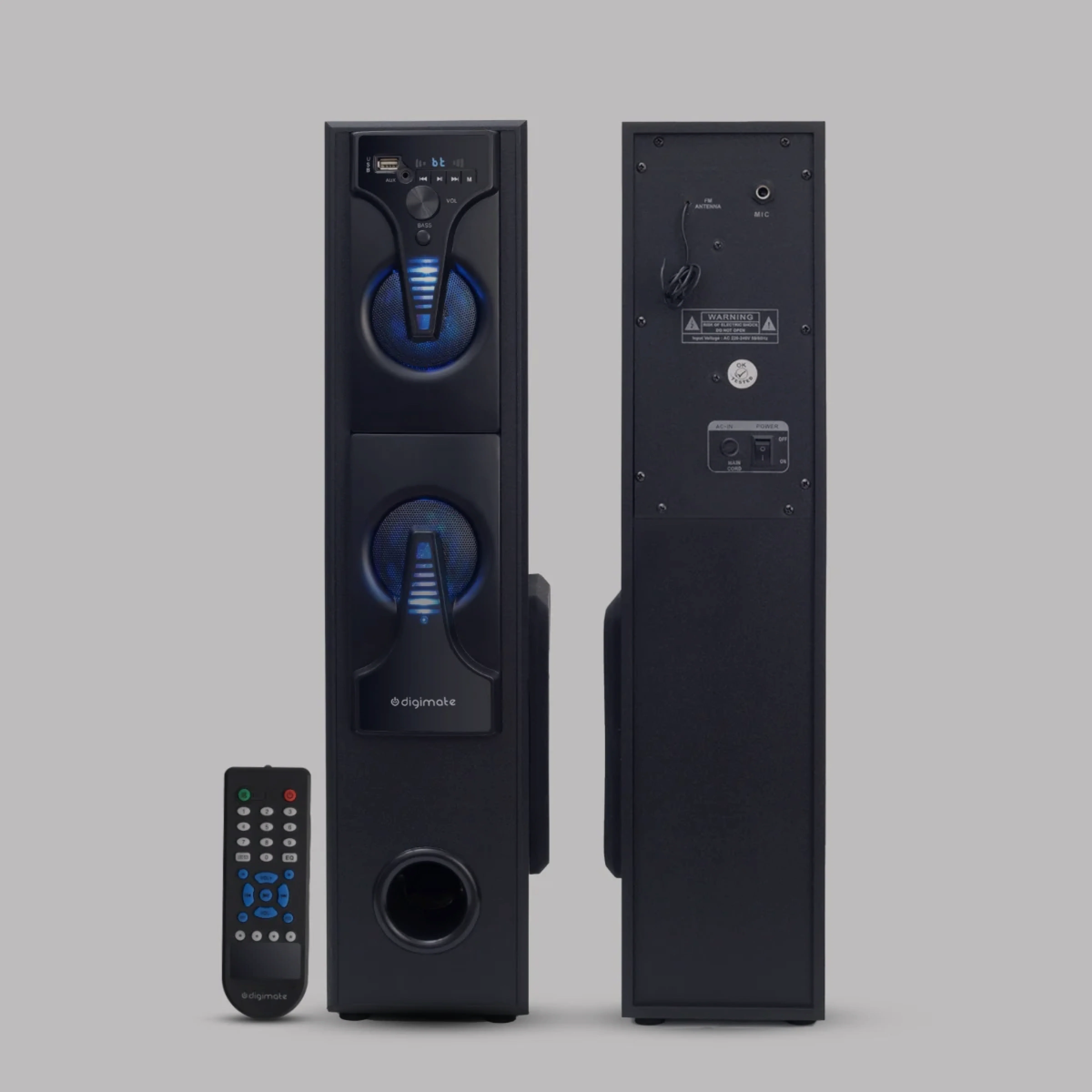 Digimate DG-TS01 60W Bluetooth Tower Speaker Wooden Cabinet, 5.25" Subwoofer, 3.0" Speaker, LED Display+Light, USB, FM, Full Control Remote with BT & Wired Karaoke Mic Support (Black, Stereo Channel) - Image 9