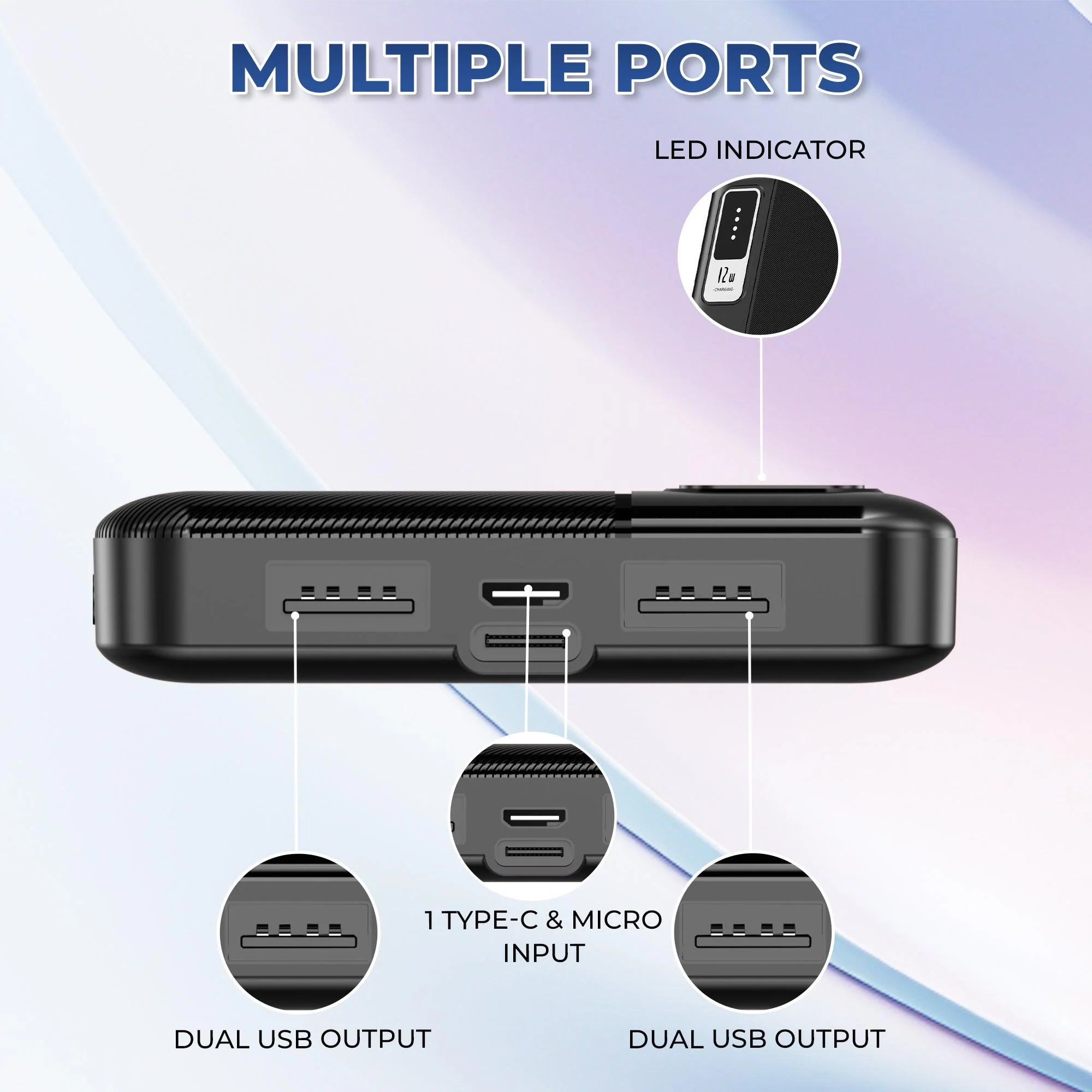 Force 10000mAh Power Bank 12W Fast Charging | Dual USB Output , 1 Micro USB Input, 1Type C Input |LED Indicator, Lightweight| Lithium Polymer Power Bank (Black) - Image 4