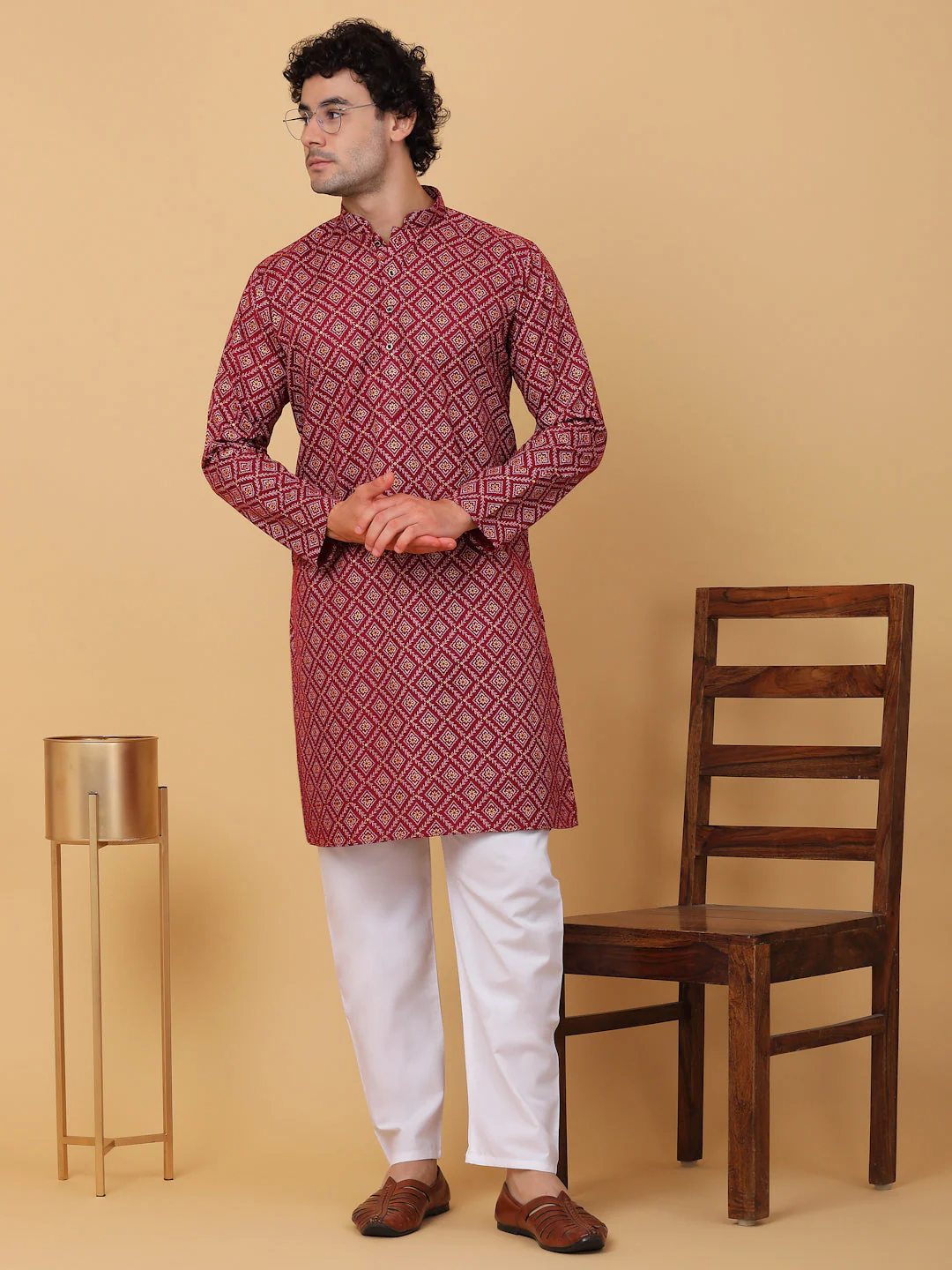 KRAFT INDIA Men Cotton Floral Gold Print Ethnic motif Knee Length Kurta With White Elastic Waistband Pyjama Set - Image 11
