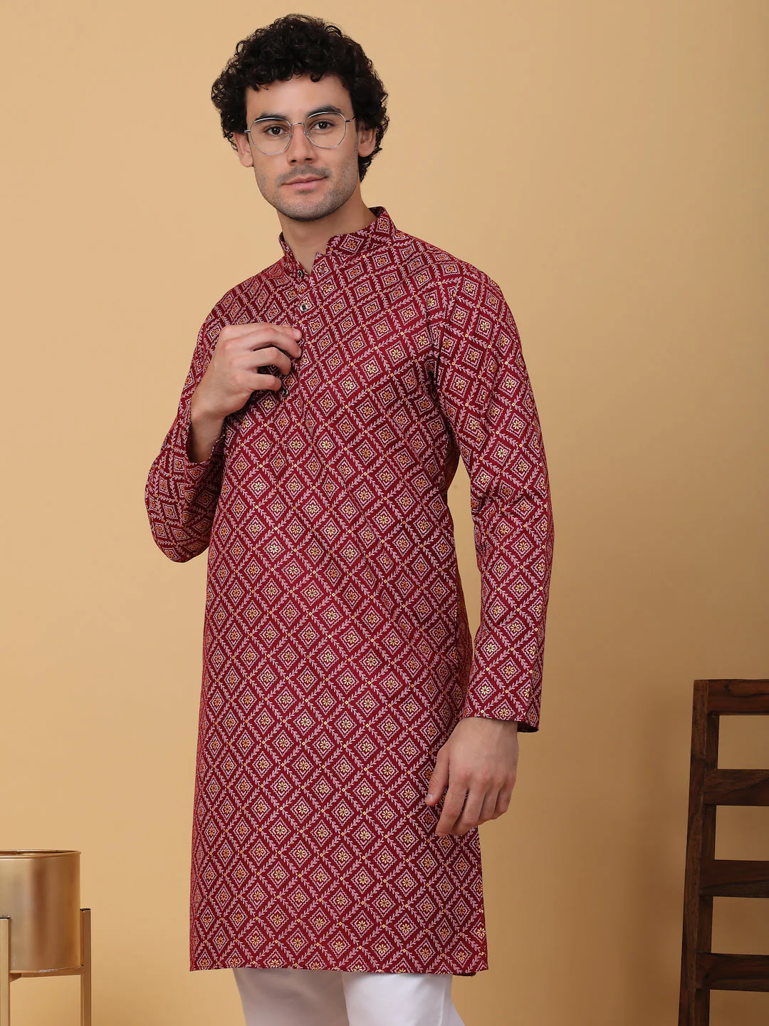 KRAFT INDIA Men Cotton Floral Gold Print Ethnic motif Knee Length Kurta With White Elastic Waistband Pyjama Set - Image 15