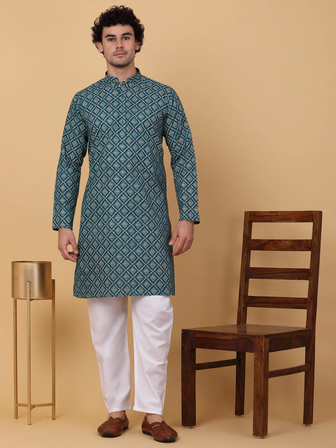 KRAFT INDIA Men Cotton Floral Gold Print Ethnic motif Knee Length Kurta With White Elastic Waistband Pyjama Set - Image 23