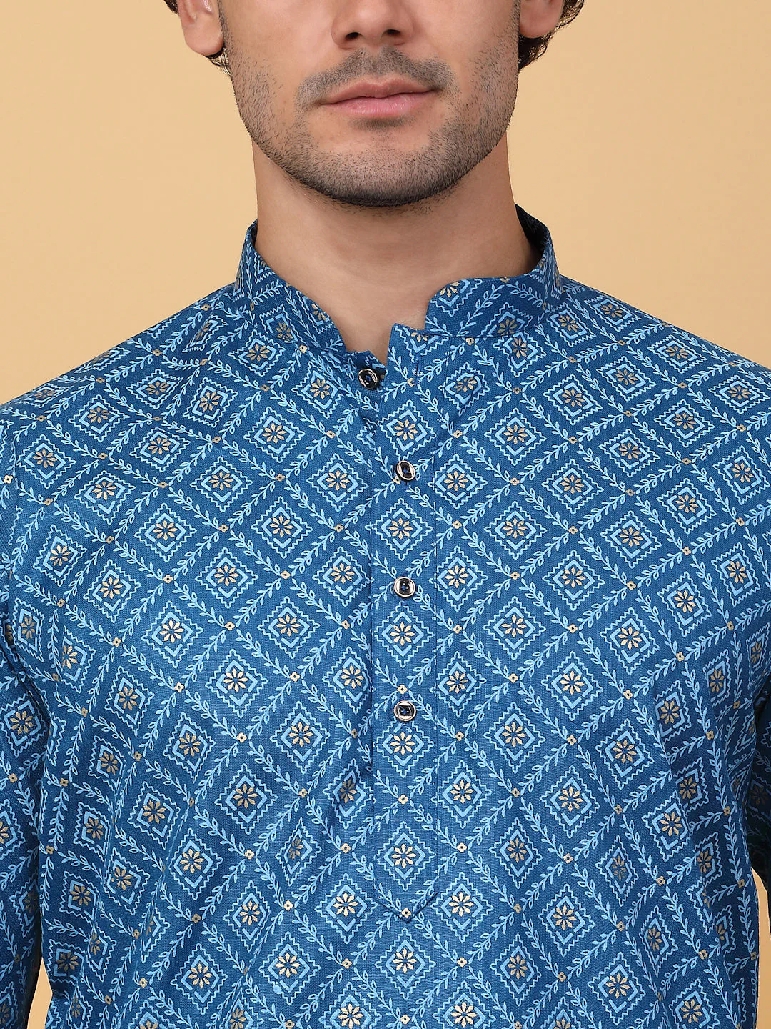 KRAFT INDIA Men Cotton Floral Gold Print Ethnic motif Knee Length Kurta With White Elastic Waistband Pyjama Set - Image 3