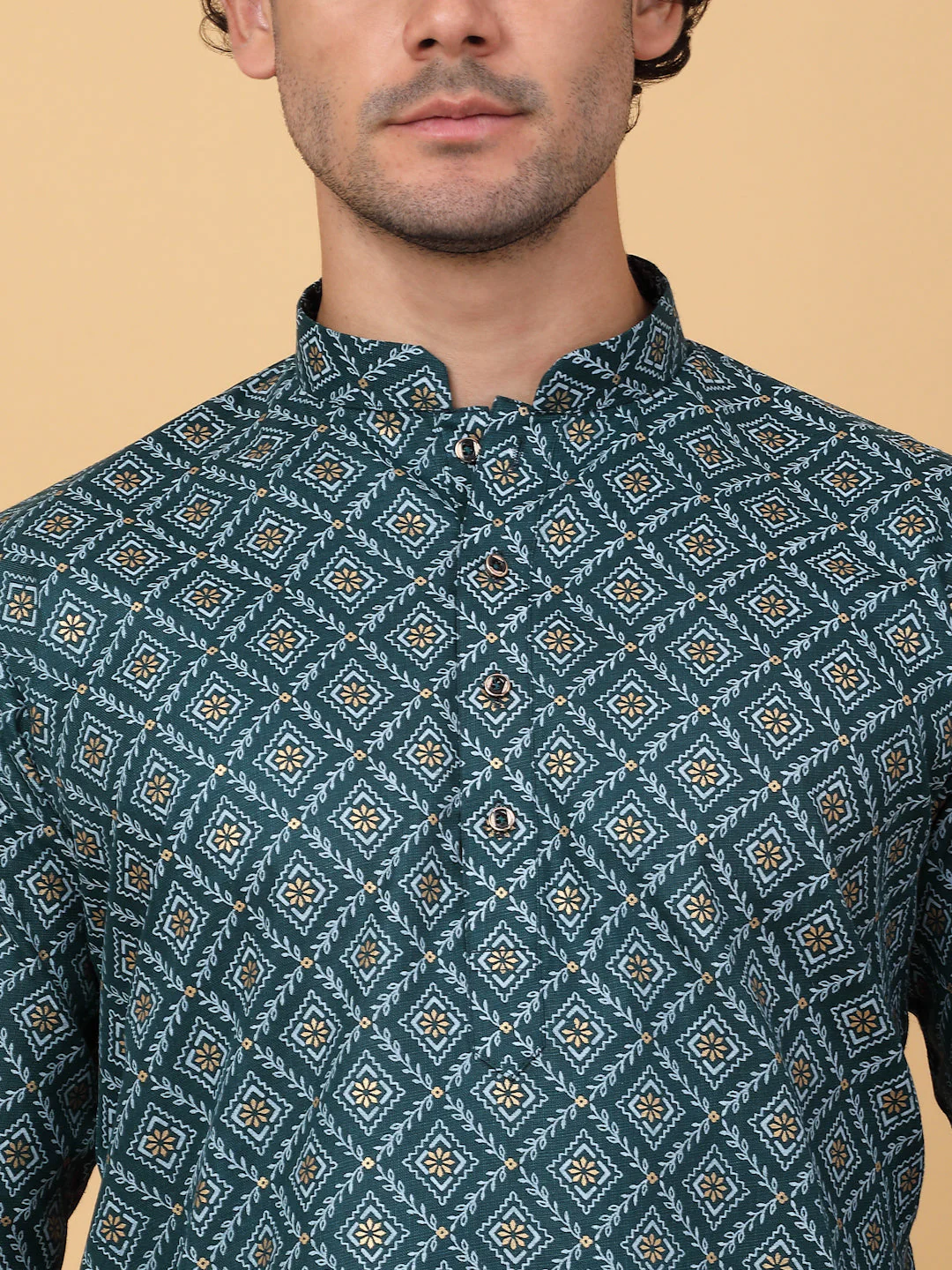 KRAFT INDIA Men Cotton Floral Gold Print Ethnic motif Knee Length Kurta With White Elastic Waistband Pyjama Set - Image 8