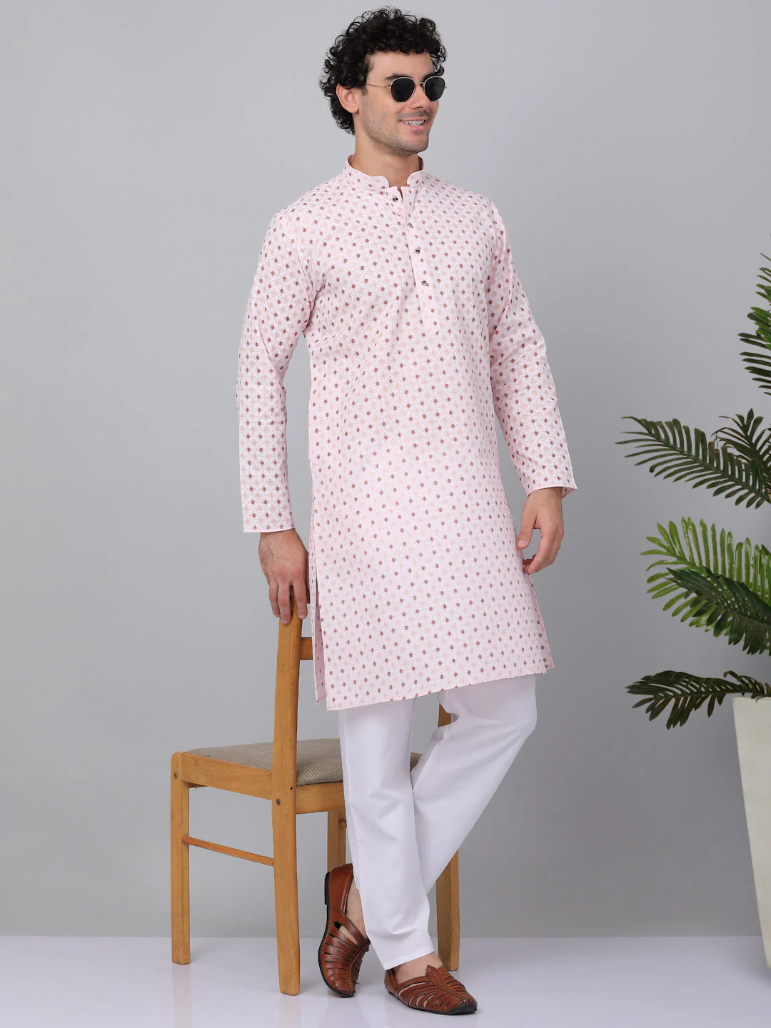 KRAFT INDIA Men Cotton Floral Printed Knee Length Kurta With White Elastic Waistband Pyjama Set - Image 11