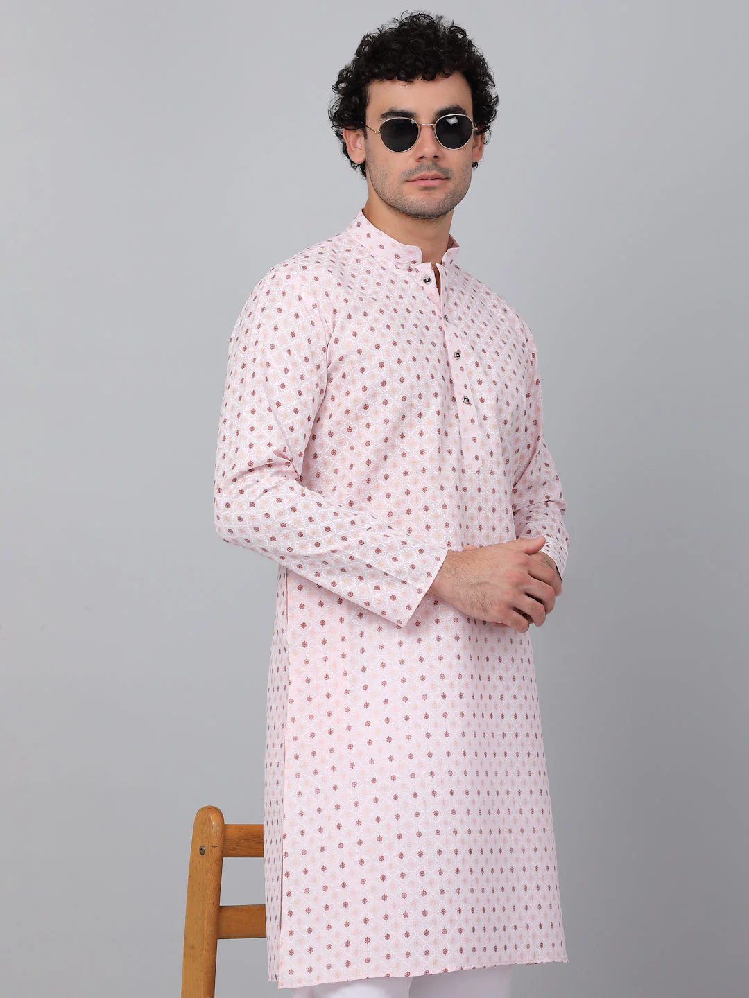 KRAFT INDIA Men Cotton Floral Printed Knee Length Kurta With White Elastic Waistband Pyjama Set - Image 15