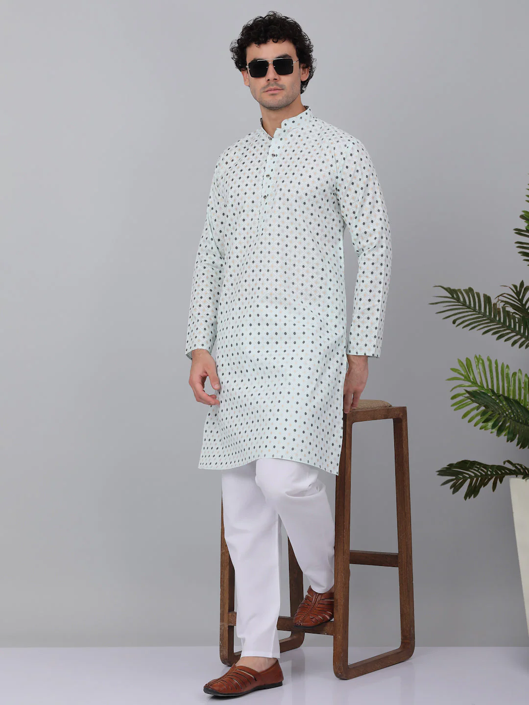 KRAFT INDIA Men Cotton Floral Printed Knee Length Kurta With White Elastic Waistband Pyjama Set - Image 16