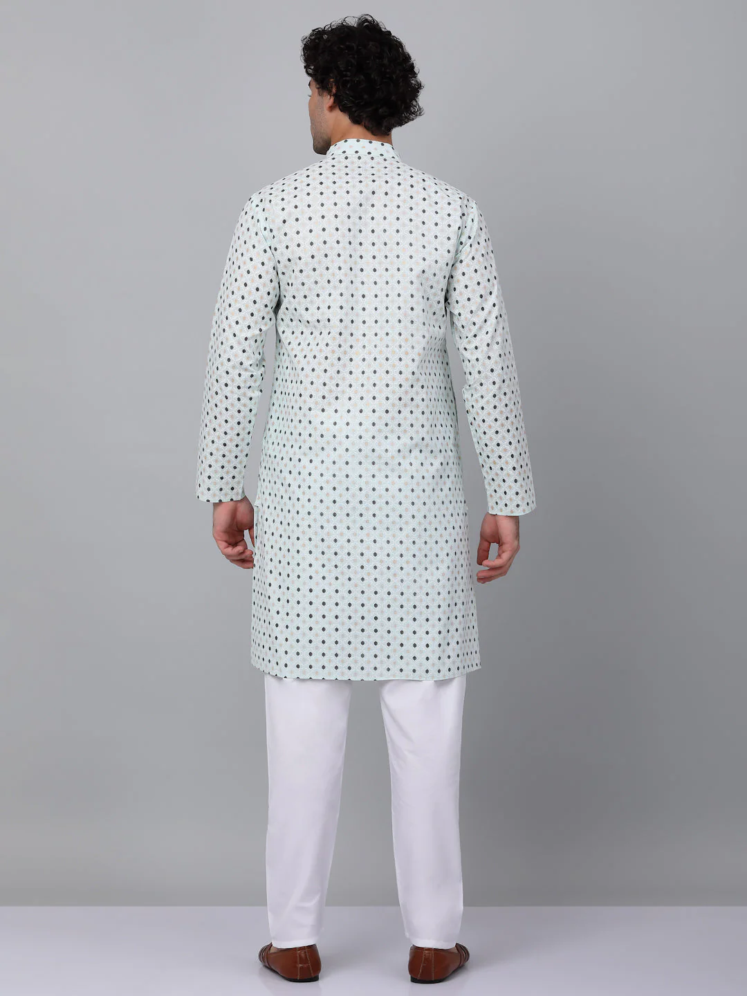 KRAFT INDIA Men Cotton Floral Printed Knee Length Kurta With White Elastic Waistband Pyjama Set - Image 17