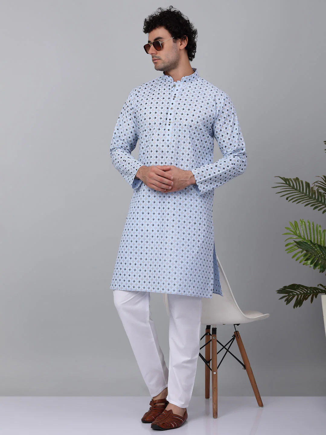 KRAFT INDIA Men Cotton Floral Printed Knee Length Kurta With White Elastic Waistband Pyjama Set - Image 21