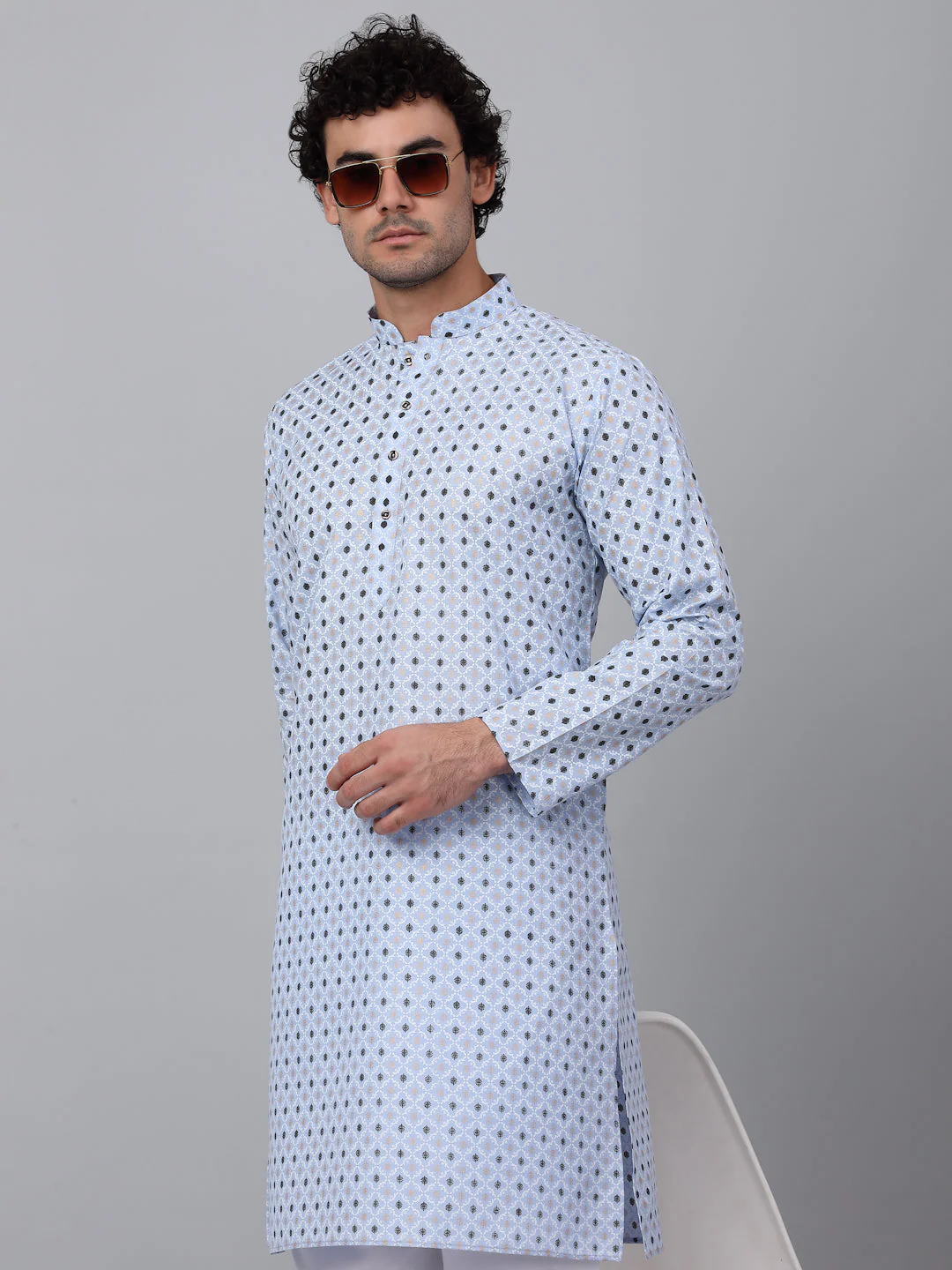 KRAFT INDIA Men Cotton Floral Printed Knee Length Kurta With White Elastic Waistband Pyjama Set - Image 24