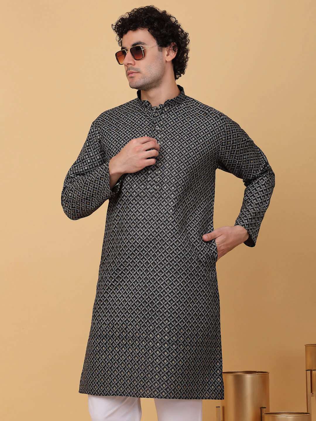 KRAFT INDIA Men Cotton Floral Printed Knee Length Kurta With White Elastic Waistband Pyjama Set - Image 5