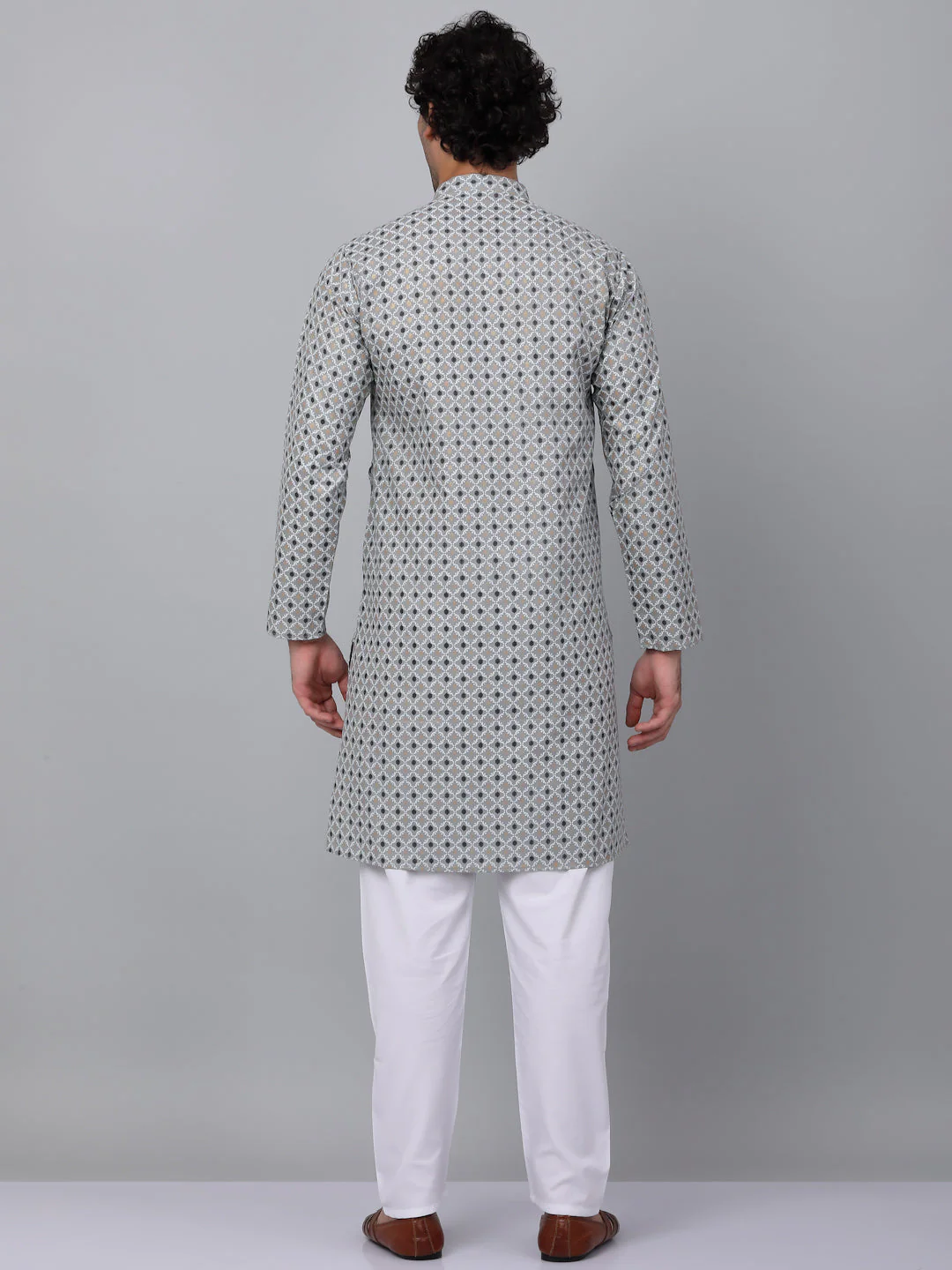 KRAFT INDIA Men Cotton Floral Printed Knee Length Kurta With White Elastic Waistband Pyjama Set - Image 7