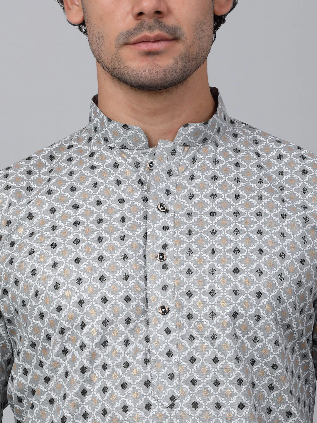 KRAFT INDIA Men Cotton Floral Printed Knee Length Kurta With White Elastic Waistband Pyjama Set - Image 8