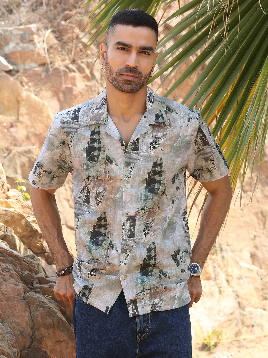 KRAFT INDIA Men Cotton Linen Cuban Collar Abstract Printed Casual Shirt - Image 16