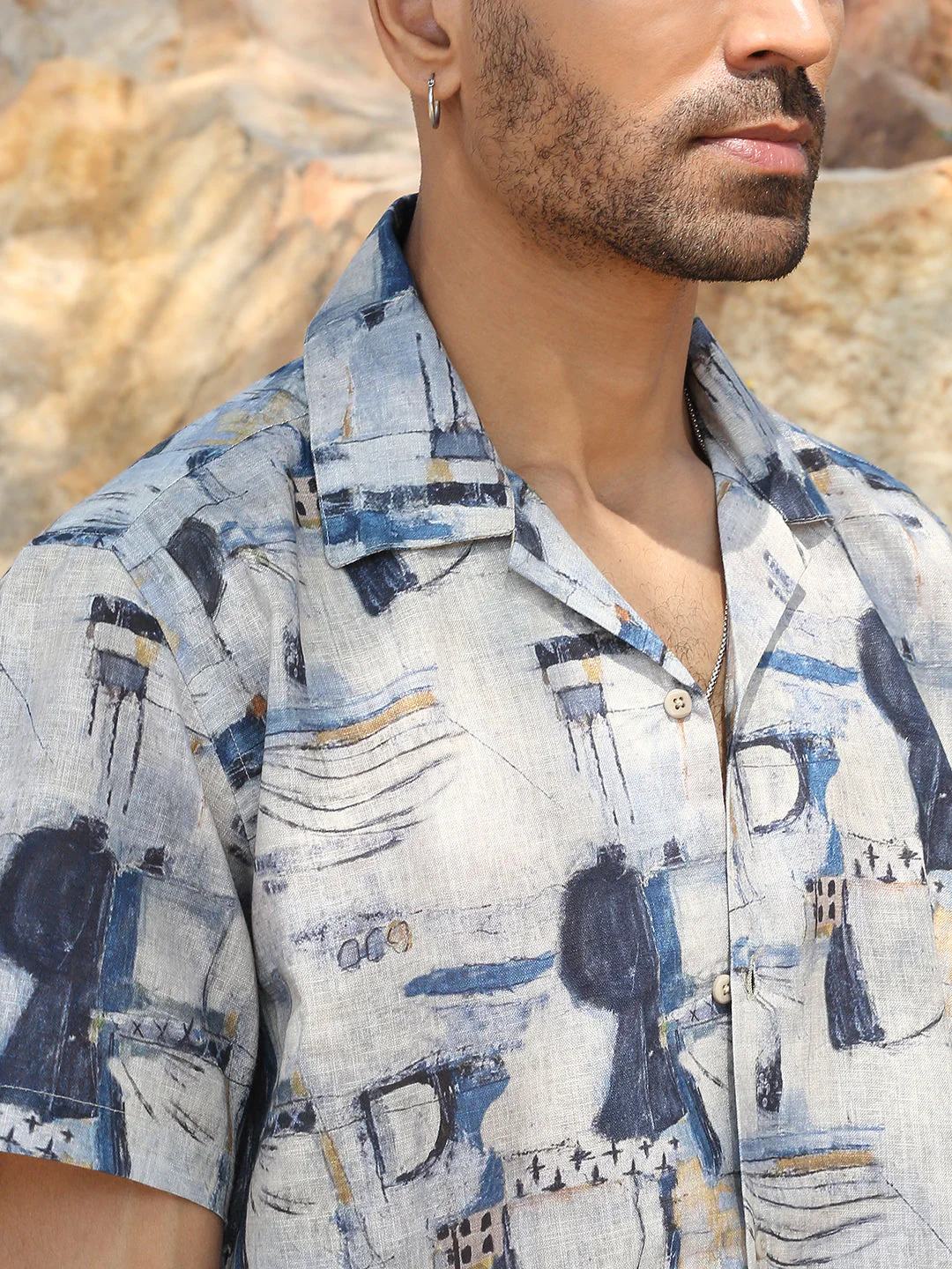 KRAFT INDIA Men Cotton Linen Cuban Collar Abstract Printed Casual Shirt - Image 3