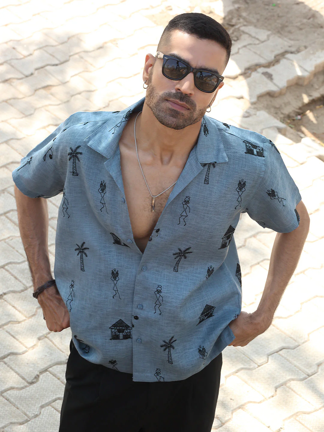 KRAFT INDIA Men Cotton Linen Cuban Collar Embroidered Tribal Designed Casual Shirt - Image 10