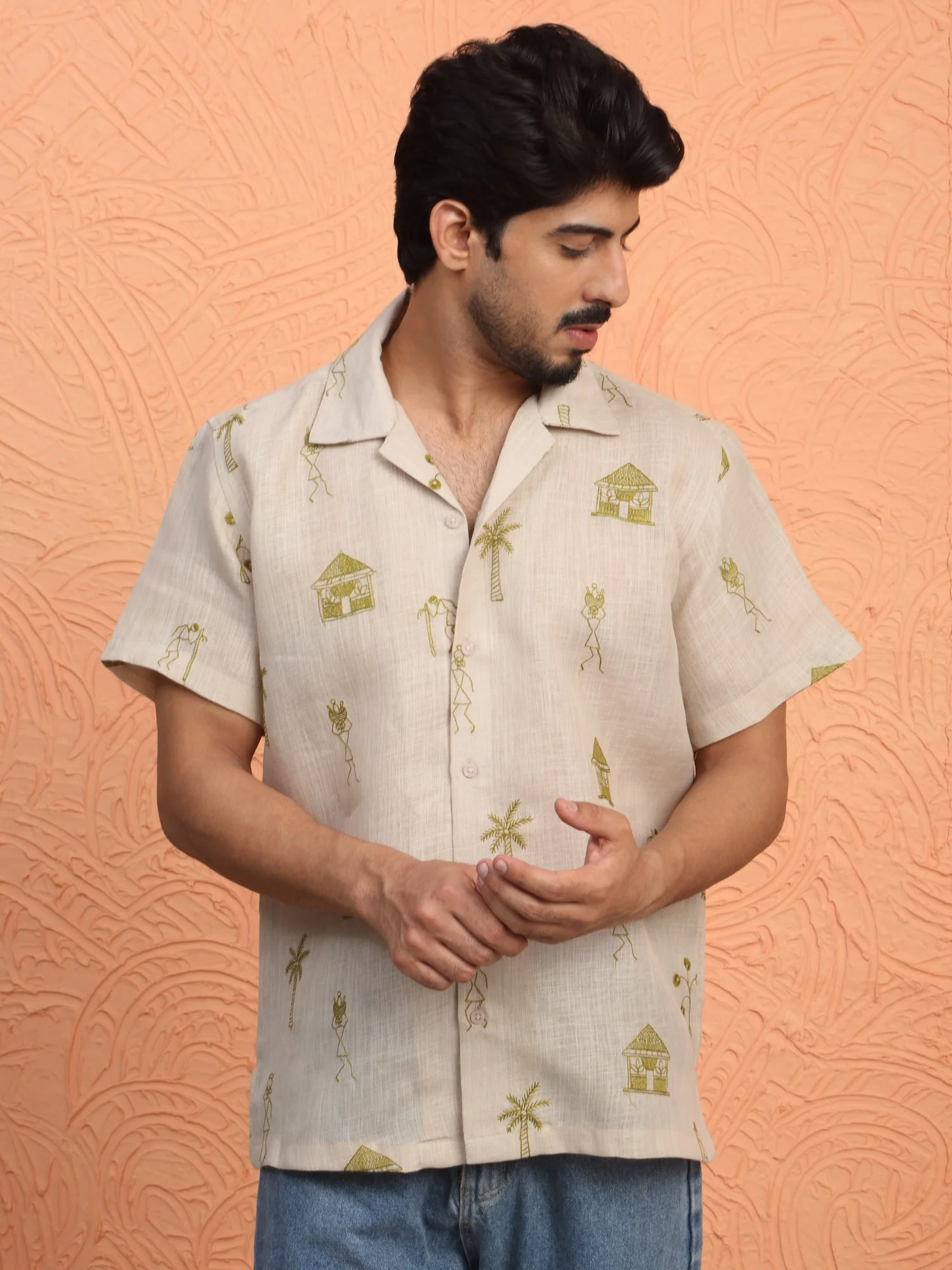 KRAFT INDIA Men Cotton Linen Cuban Collar Embroidered Tribal Designed Casual Shirt - Image 16