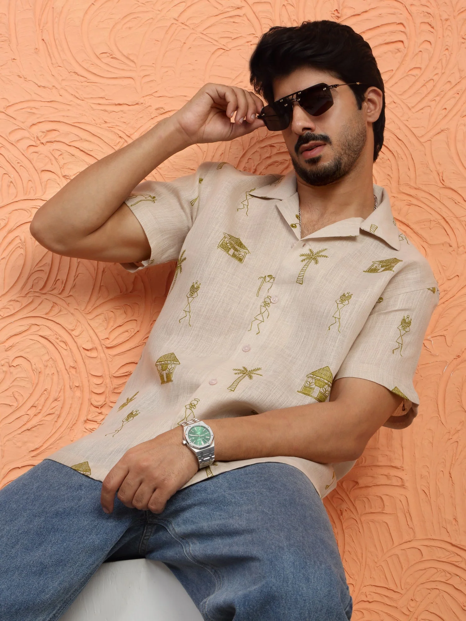KRAFT INDIA Men Cotton Linen Cuban Collar Embroidered Tribal Designed Casual Shirt - Image 20
