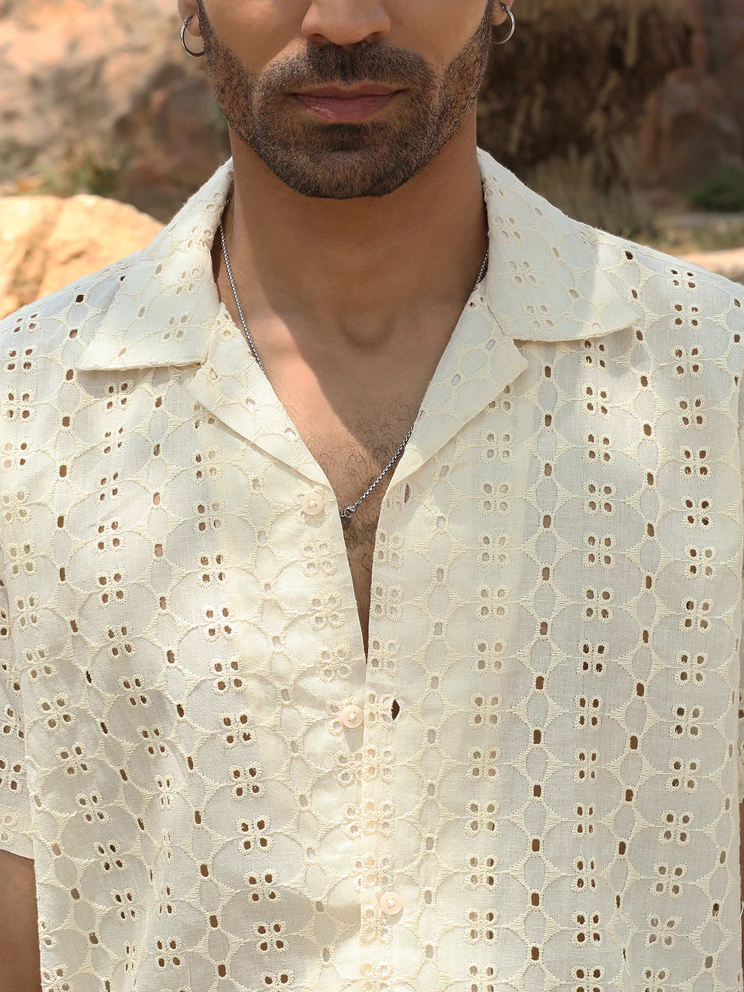 KRAFT INDIA Men Cotton Schiffli Cuban Collar Embroidered Beige Casual Shirt - Image 3