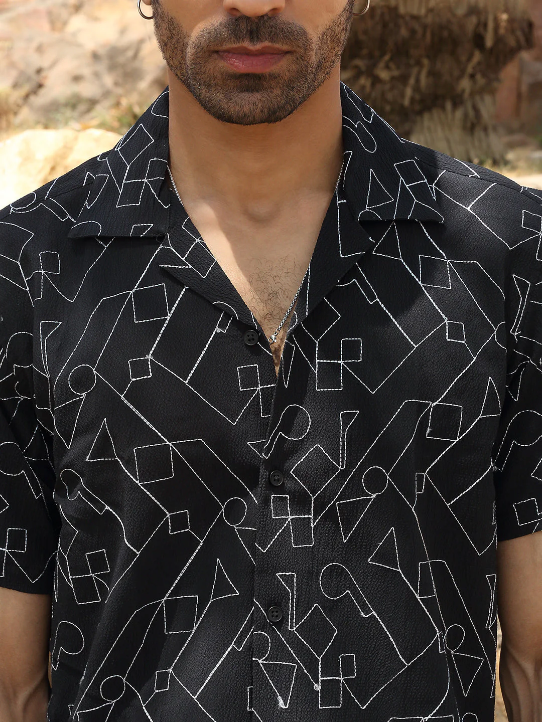 KRAFT INDIA Men Polyster Cuban Collar Geometric Embroidered Casual Shirt - Image 3