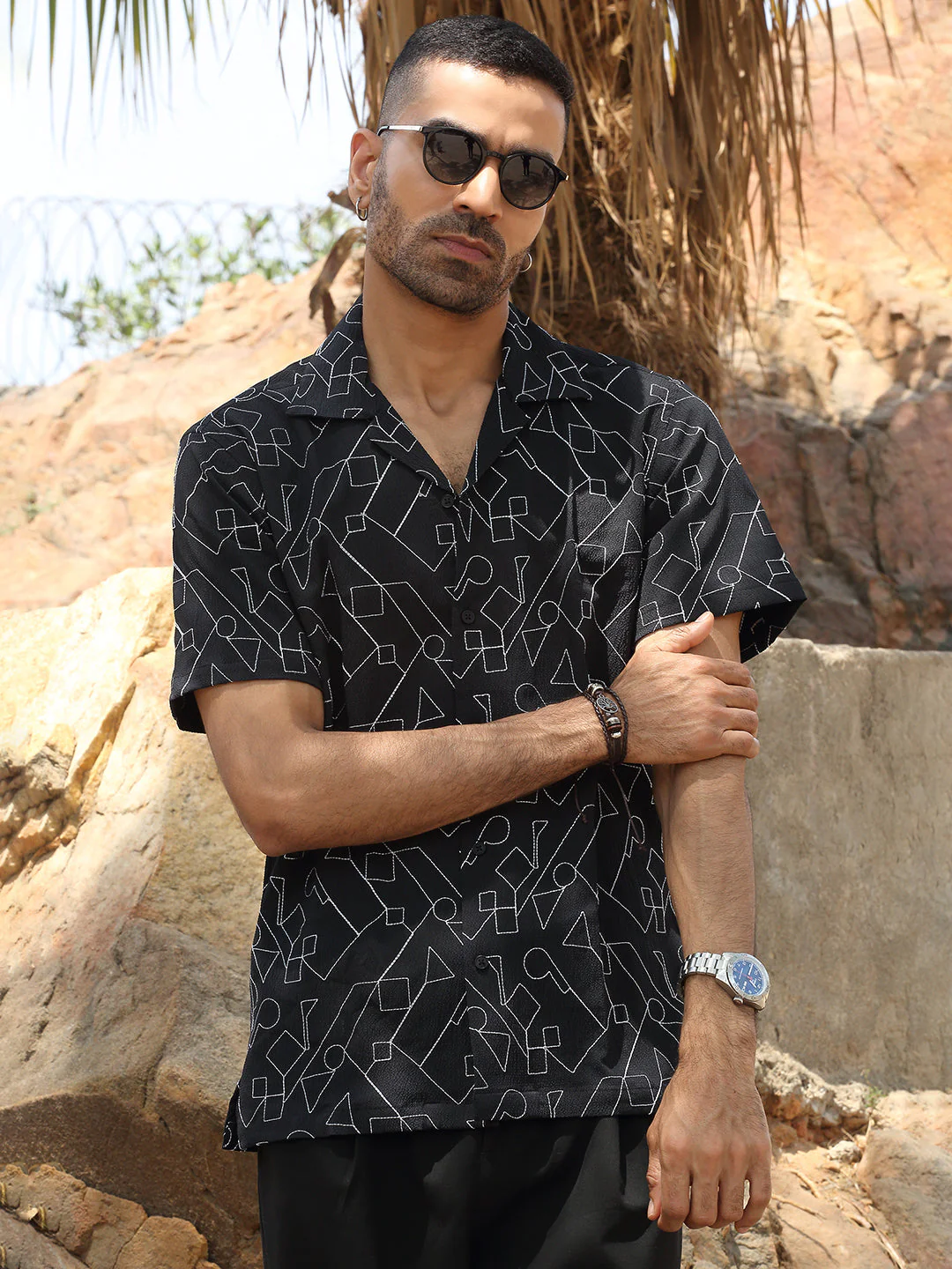 KRAFT INDIA Men Polyster Cuban Collar Geometric Embroidered Casual Shirt - Image 5