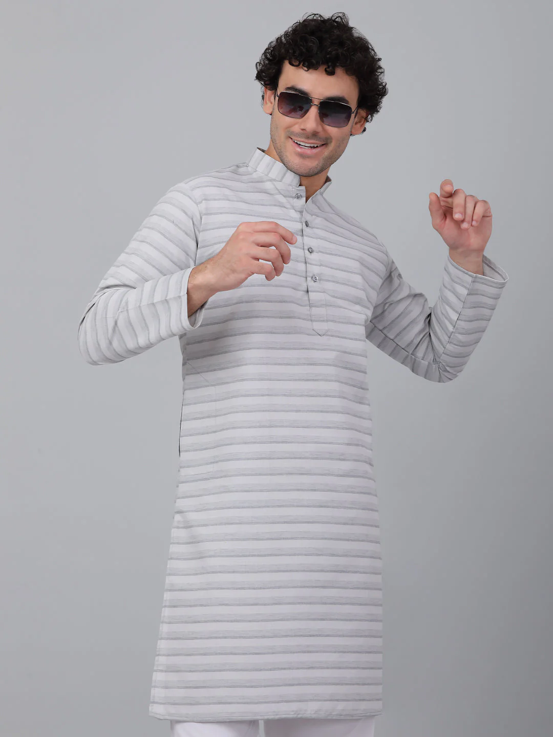 KRAFT INDIA Men Pure Cotton Striped Knee Length Kurta with White Elastic Waistband Pyjama Set - Image 10