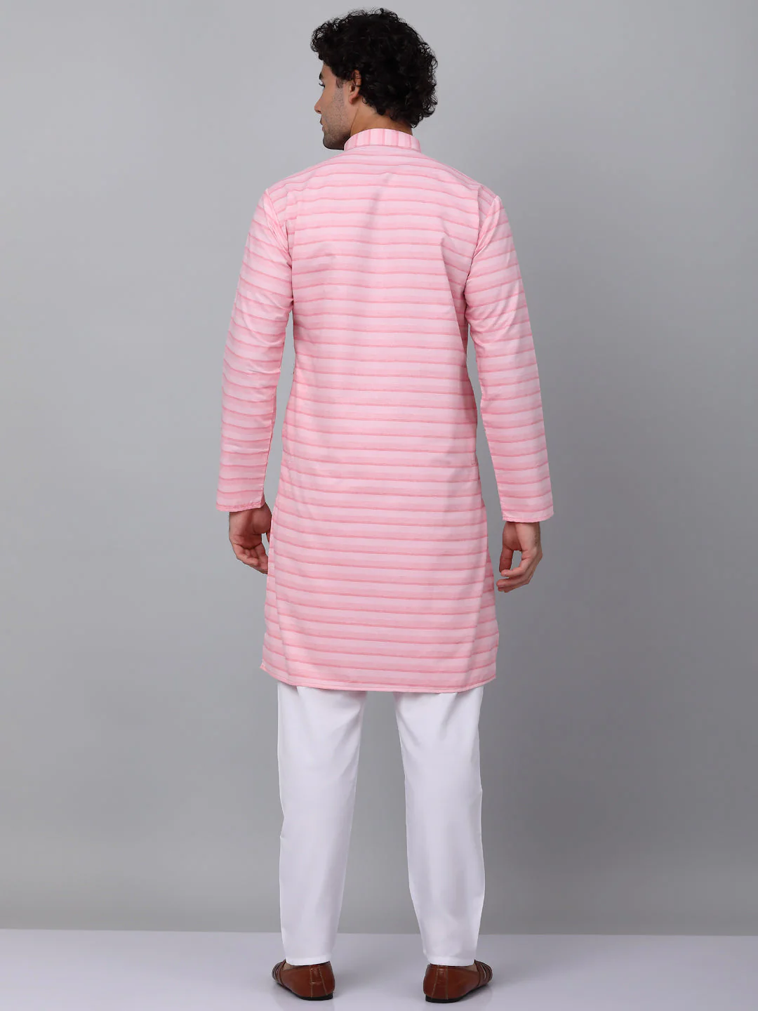 KRAFT INDIA Men Pure Cotton Striped Knee Length Kurta with White Elastic Waistband Pyjama Set - Image 12