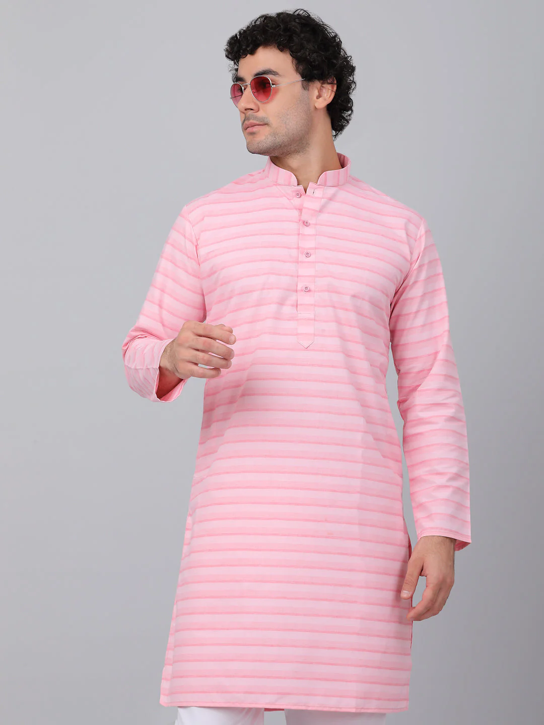 KRAFT INDIA Men Pure Cotton Striped Knee Length Kurta with White Elastic Waistband Pyjama Set - Image 15