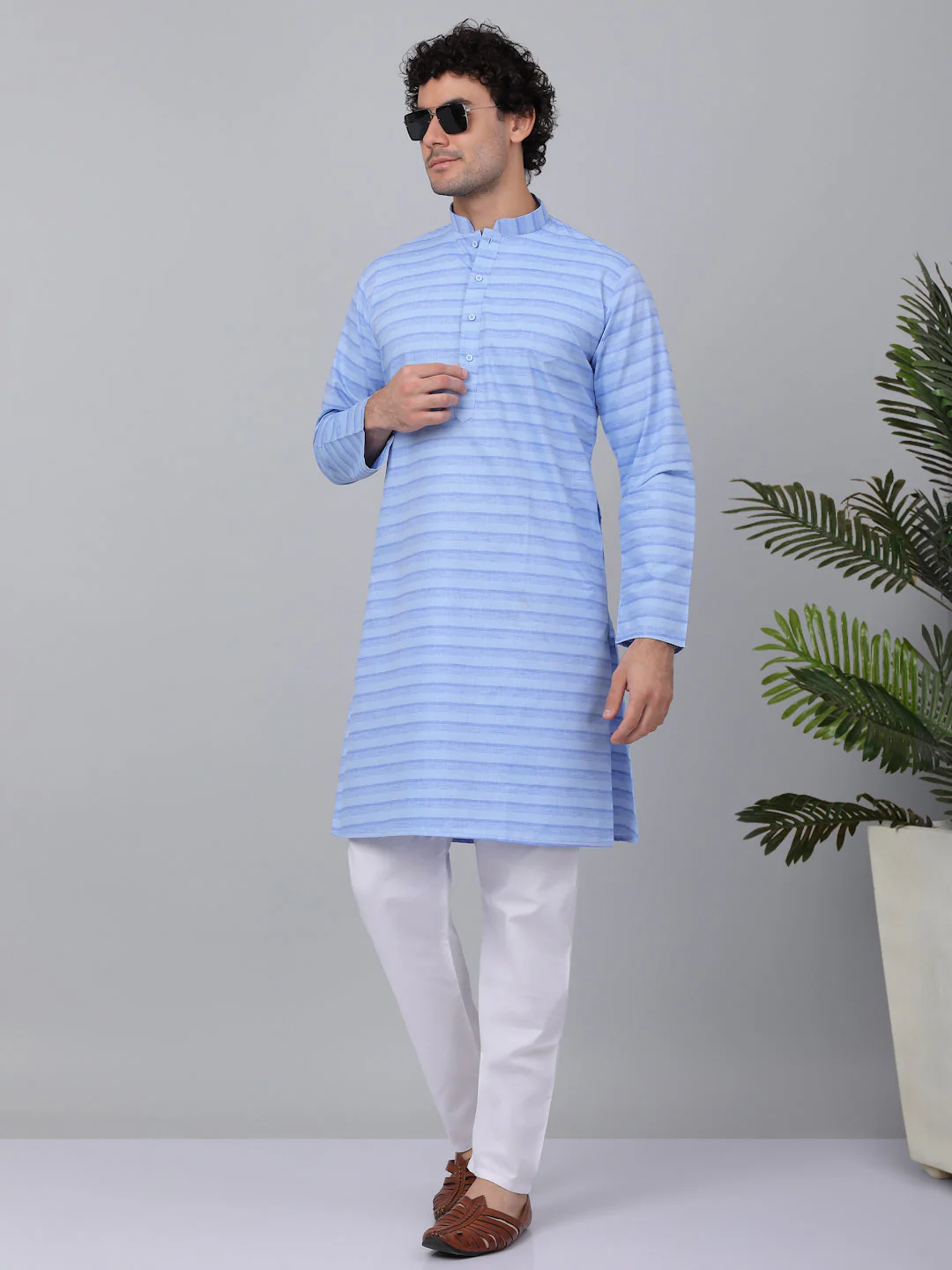KRAFT INDIA Men Pure Cotton Striped Knee Length Kurta with White Elastic Waistband Pyjama Set - Image 22