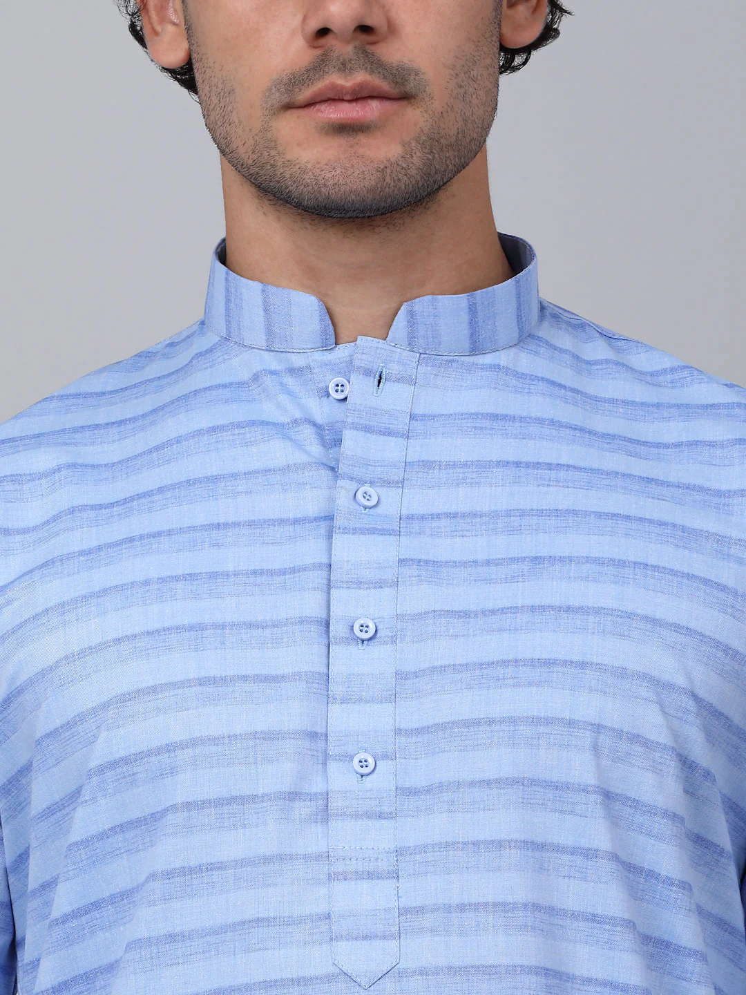 KRAFT INDIA Men Pure Cotton Striped Knee Length Kurta with White Elastic Waistband Pyjama Set - Image 3