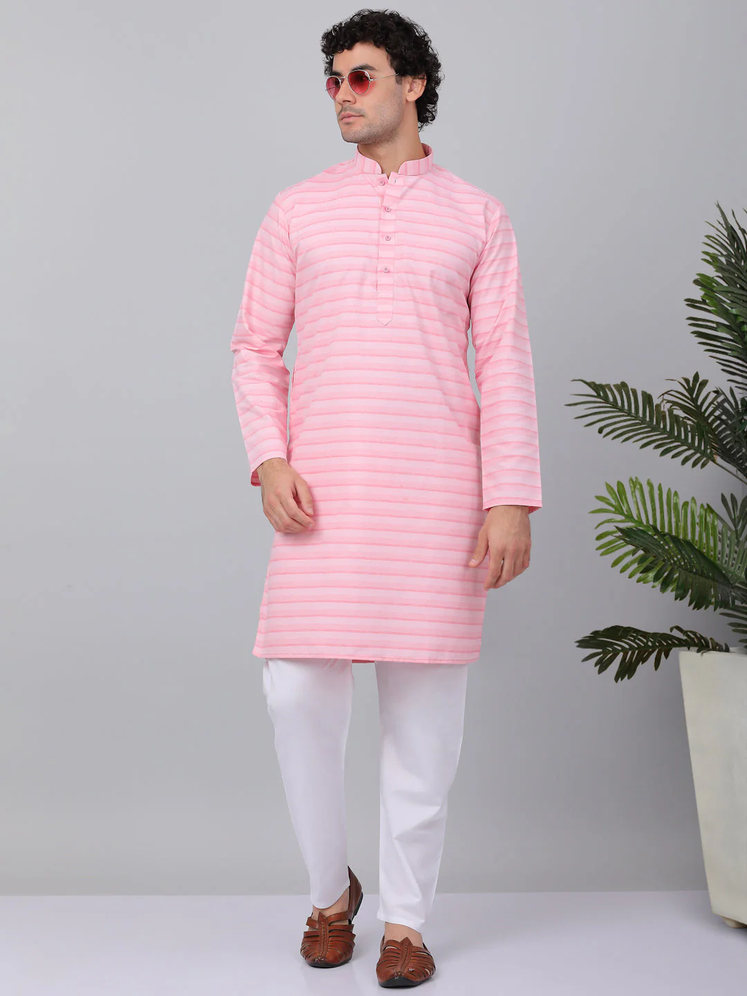 KRAFT INDIA Men Pure Cotton Striped Knee Length Kurta with White Elastic Waistband Pyjama Set - Image 31