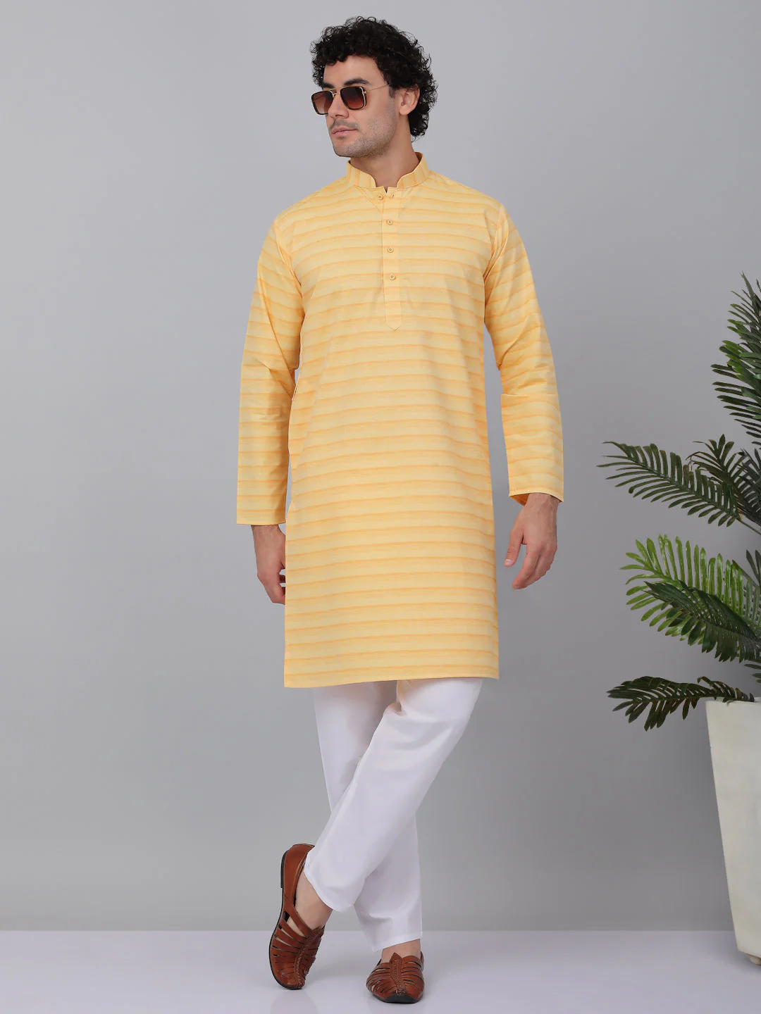 KRAFT INDIA Men Pure Cotton Striped Knee Length Kurta with White Elastic Waistband Pyjama Set - Image 34