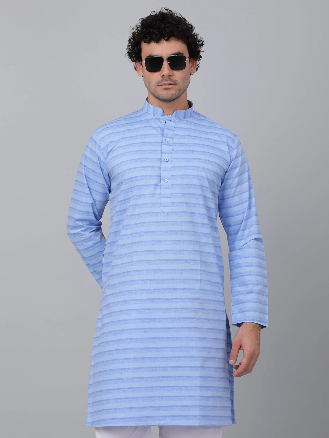 KRAFT INDIA Men Pure Cotton Striped Knee Length Kurta with White Elastic Waistband Pyjama Set - Image 5