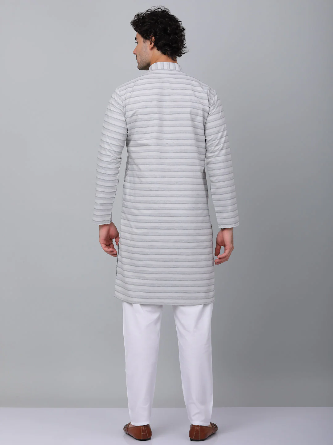 KRAFT INDIA Men Pure Cotton Striped Knee Length Kurta with White Elastic Waistband Pyjama Set - Image 7