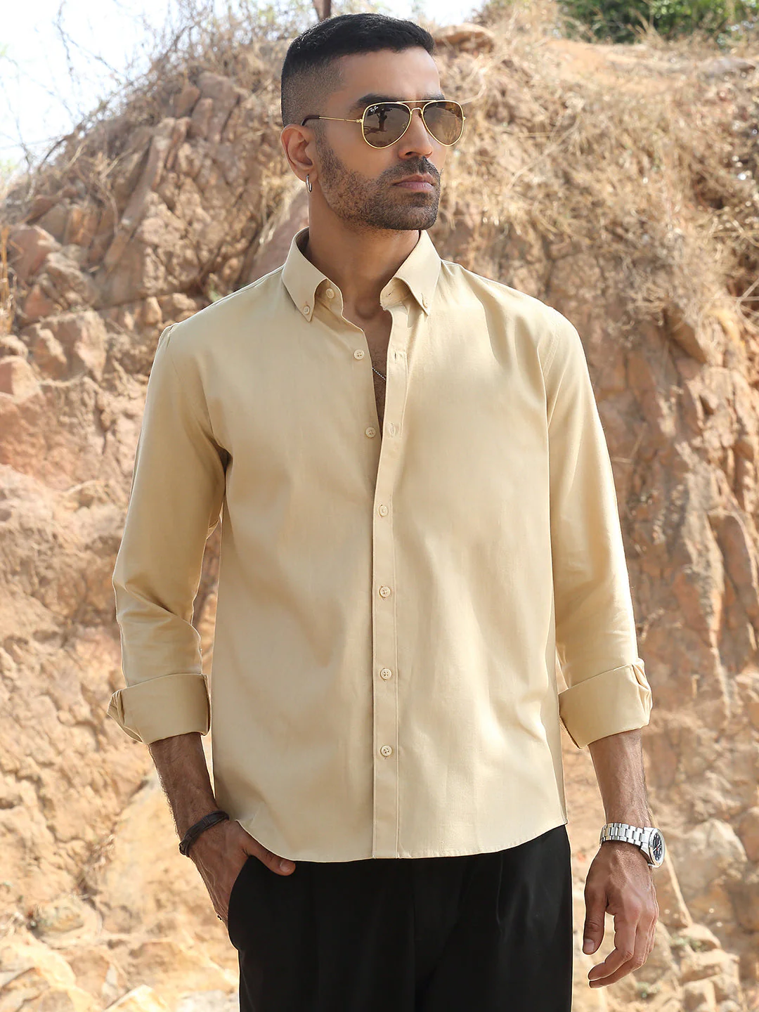 KRAFT INDIA Men Twill Cotton Solid Button-Down Collar Casual Shirt - Image 5