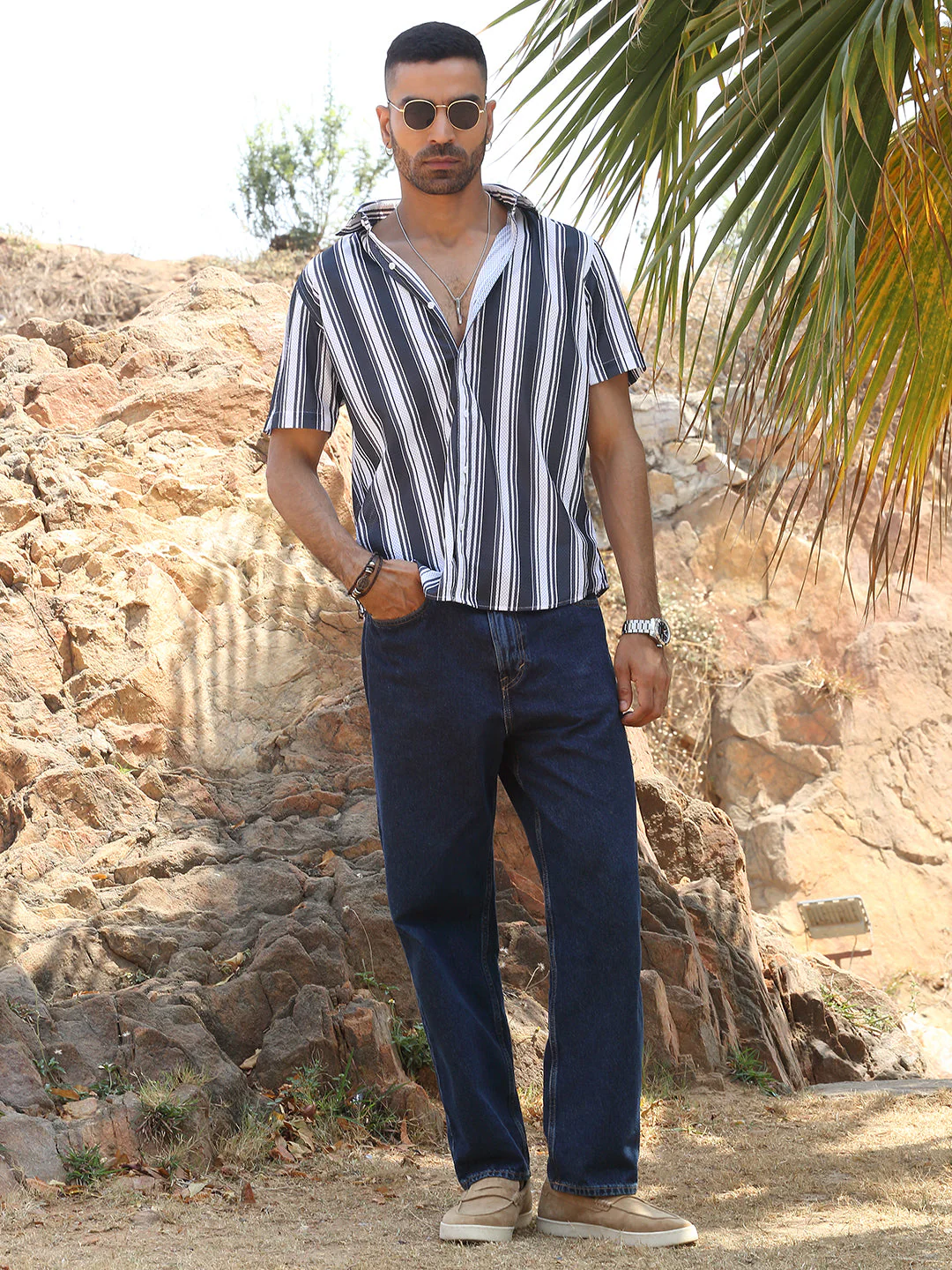 KRAFT INDIA Men viscose rayon Striped White And Blue Casual Shirt - Image 4