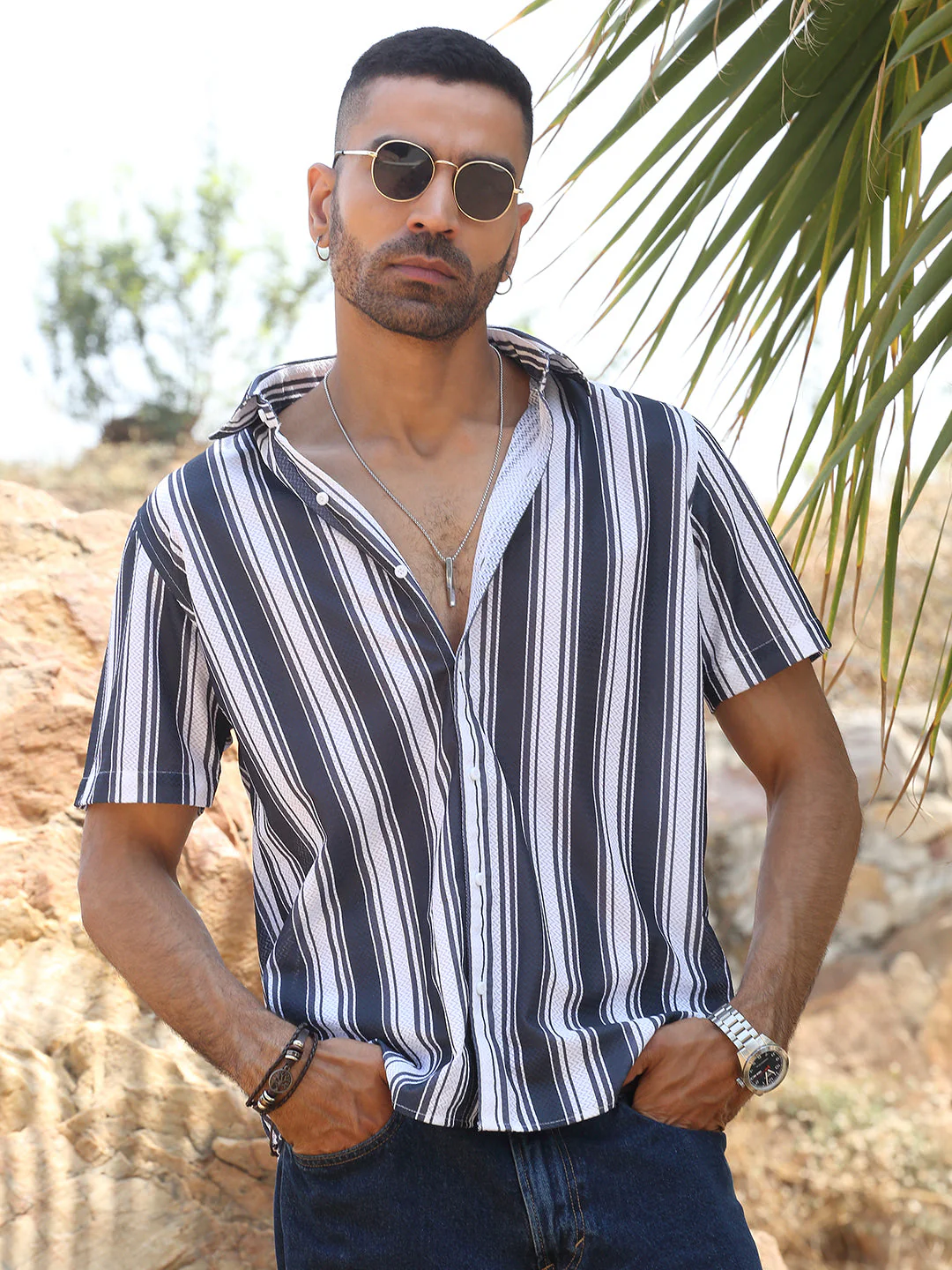 KRAFT INDIA Men viscose rayon Striped White And Blue Casual Shirt - Image 5