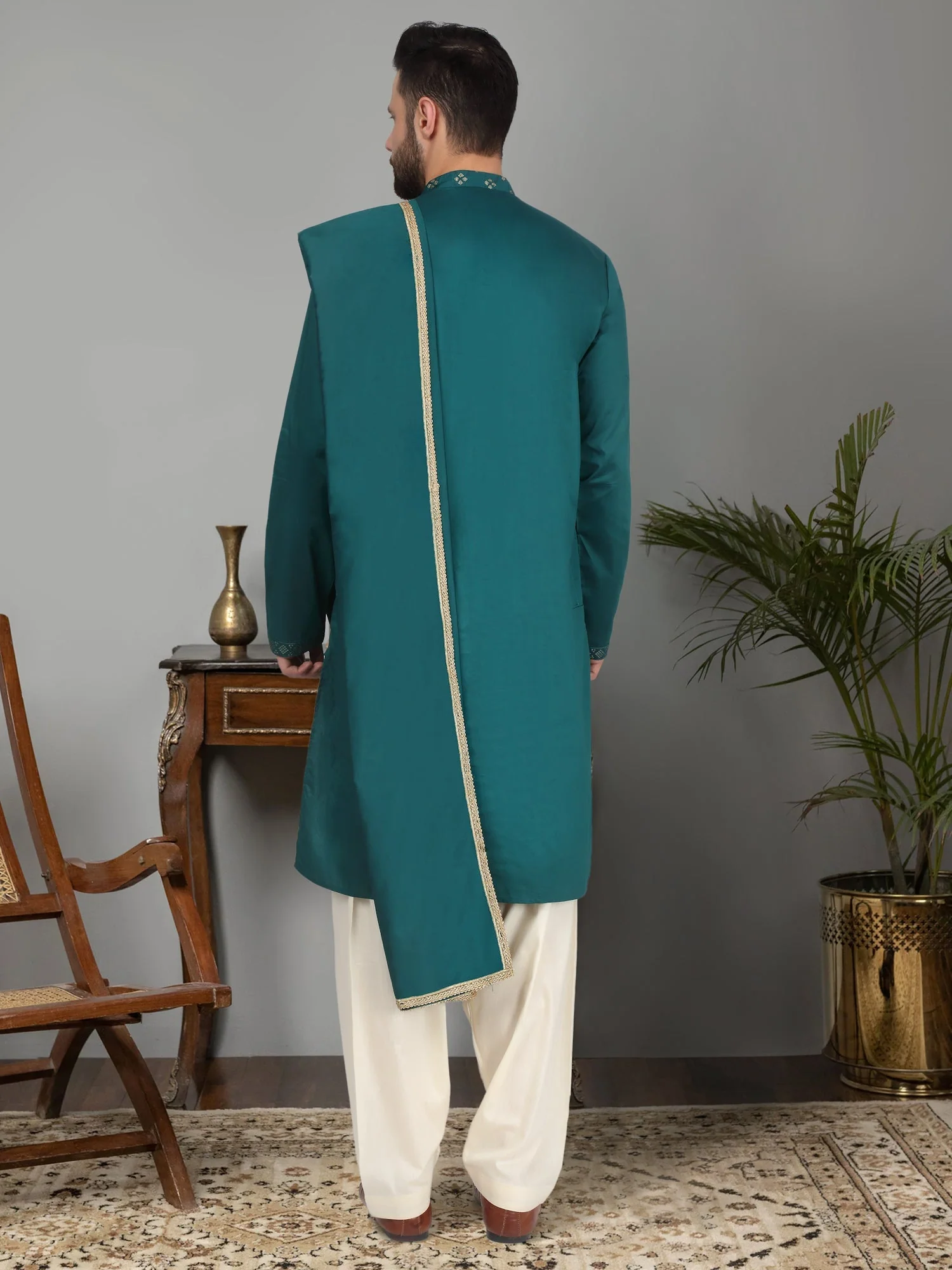 KRAFT INDIA Men's Cotton Silk Sequenced Embroided Kurta with Beige Elastic Waistband Salwar with Matching Dupatta - Image 11