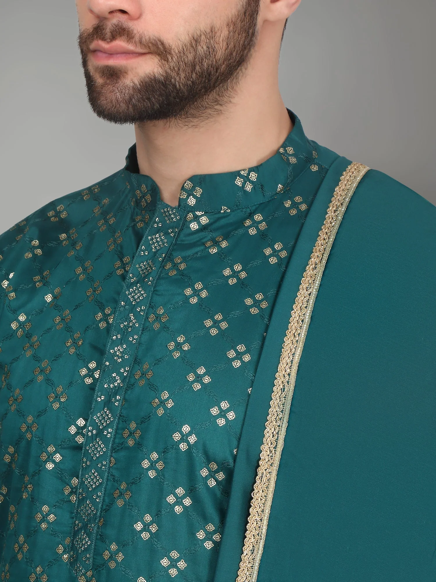 KRAFT INDIA Men's Cotton Silk Sequenced Embroided Kurta with Beige Elastic Waistband Salwar with Matching Dupatta - Image 12