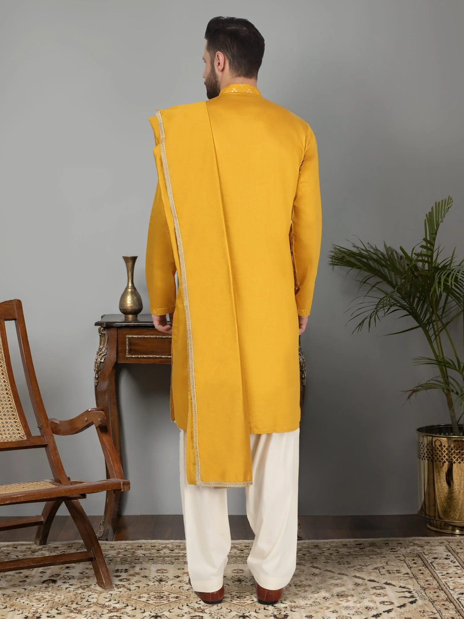 KRAFT INDIA Men's Cotton Silk Sequenced Embroided Kurta with Beige Elastic Waistband Salwar with Matching Dupatta - Image 14