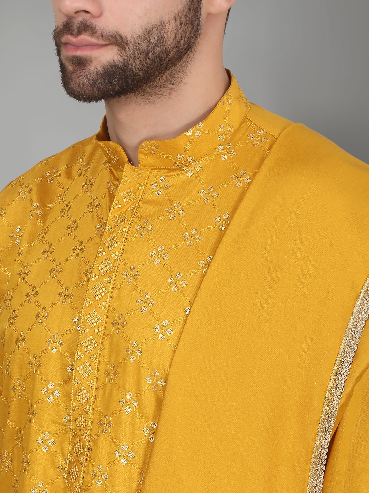 KRAFT INDIA Men's Cotton Silk Sequenced Embroided Kurta with Beige Elastic Waistband Salwar with Matching Dupatta - Image 15