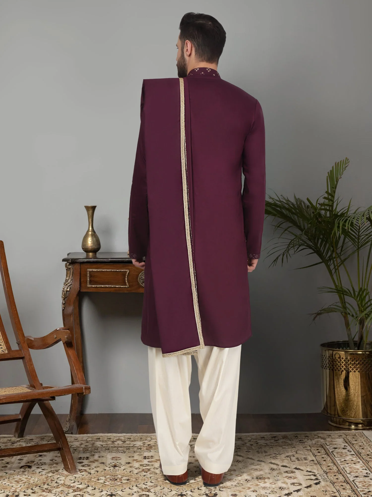 KRAFT INDIA Men's Cotton Silk Sequenced Embroided Kurta with Beige Elastic Waistband Salwar with Matching Dupatta - Image 18