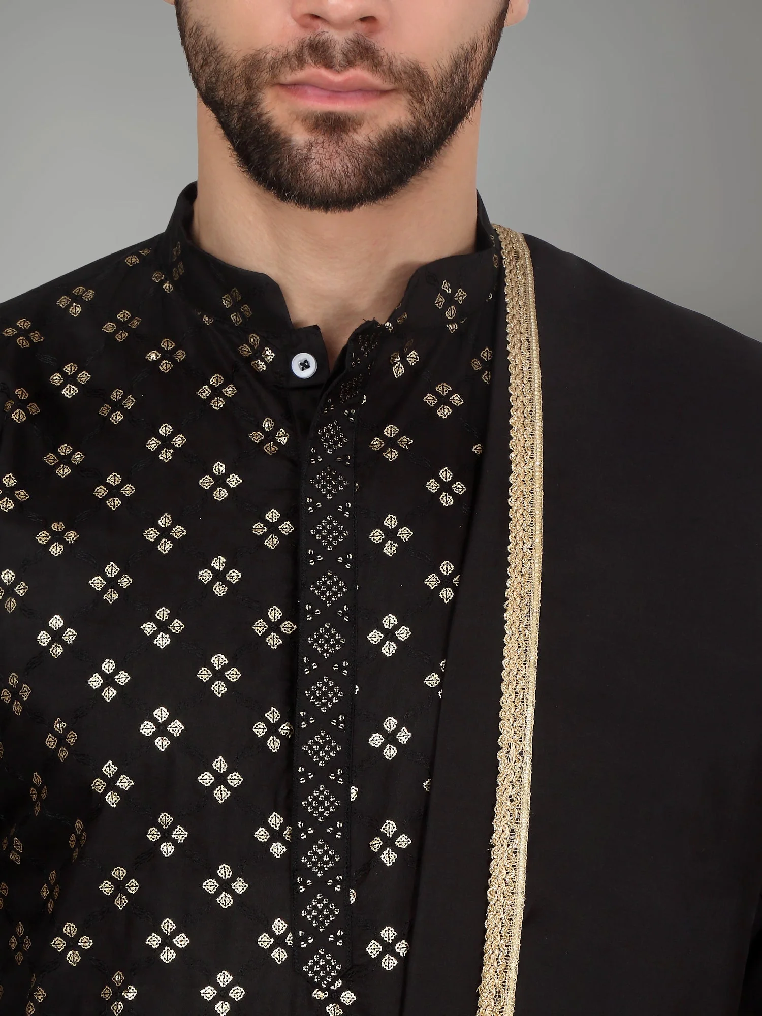 KRAFT INDIA Men's Cotton Silk Sequenced Embroided Kurta with Beige Elastic Waistband Salwar with Matching Dupatta - Image 3